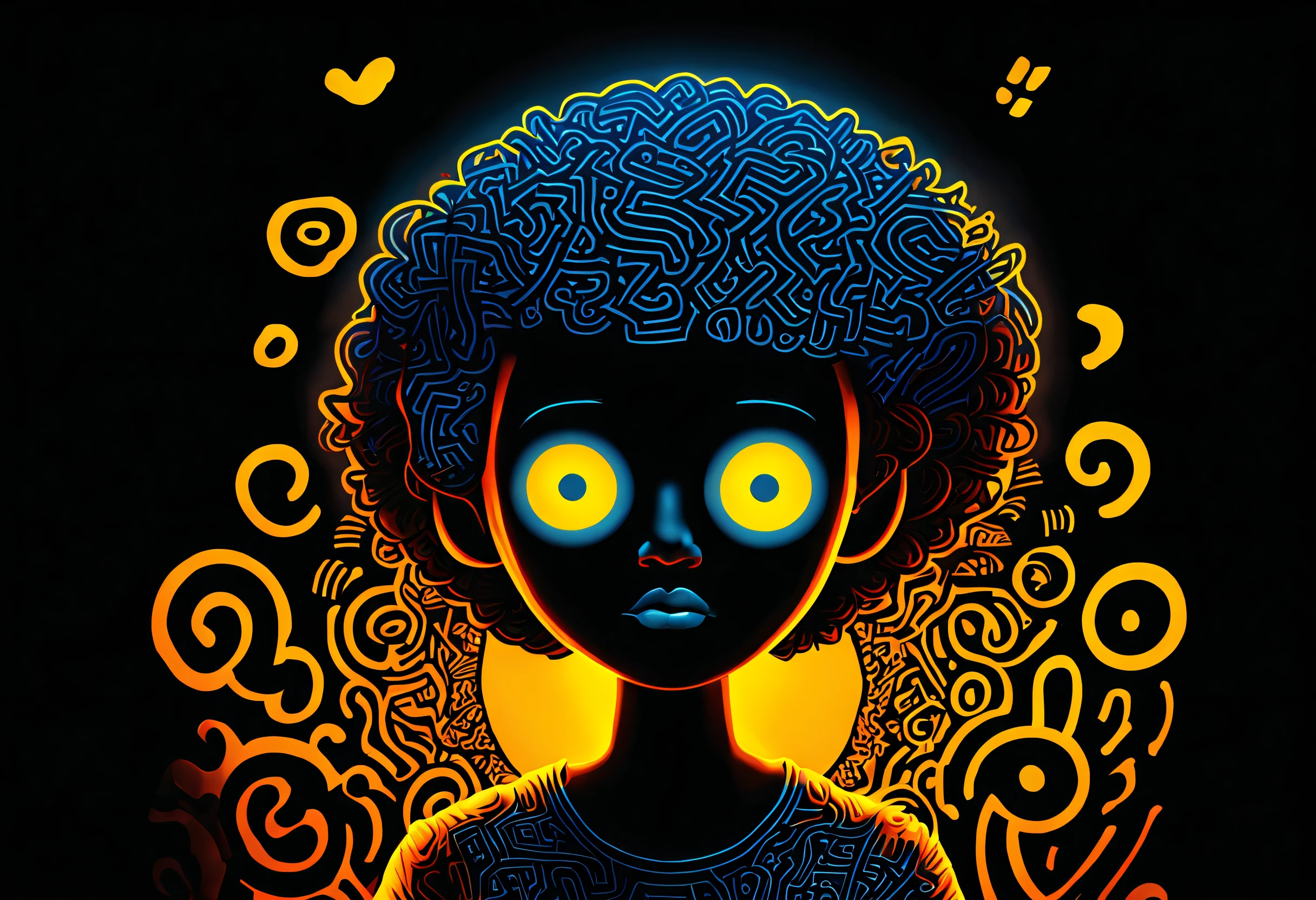 Black light art ，with black background，Keith Haring style, character concept design, Half a body