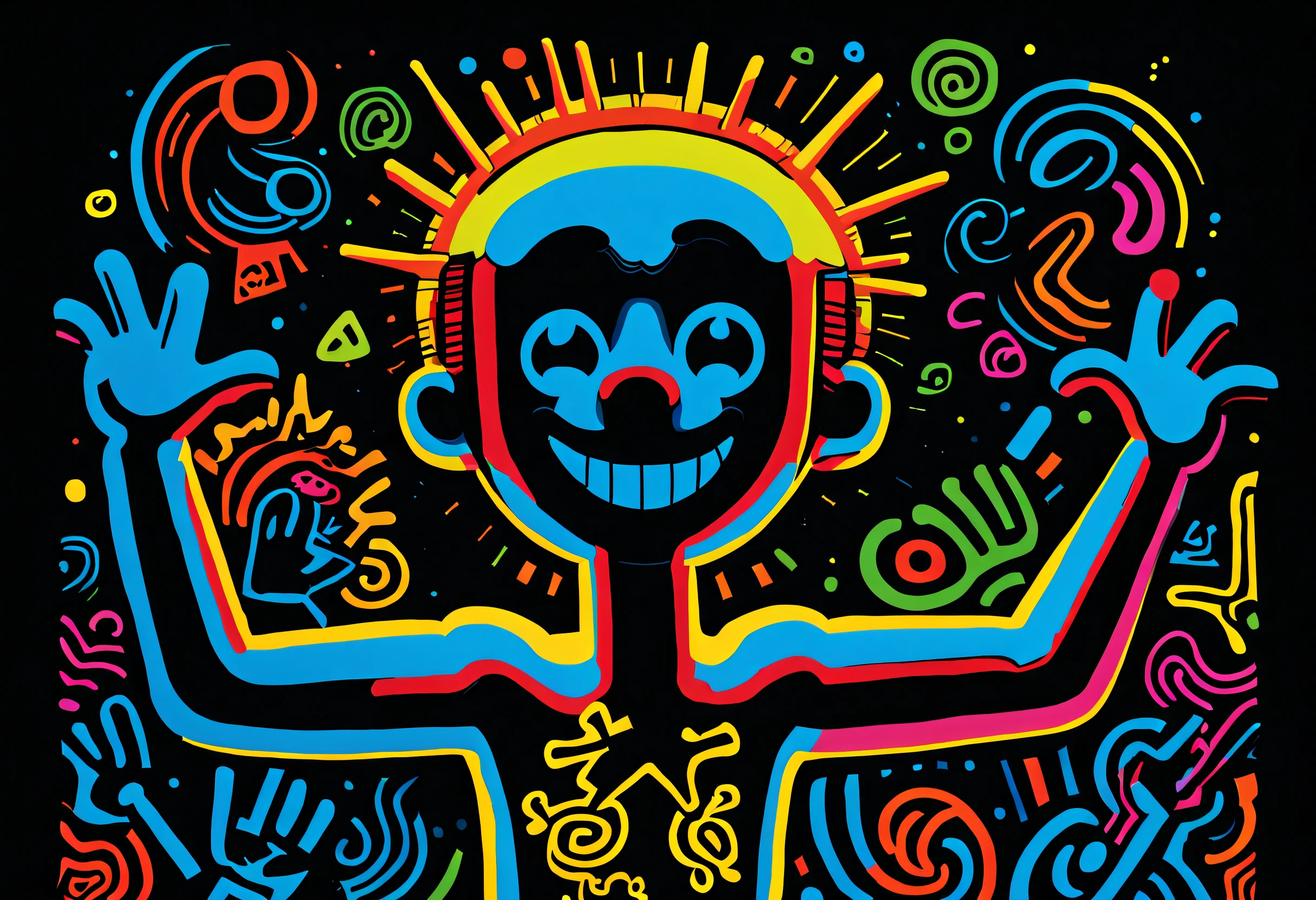 Black light art ,with black background,Keith Haring style, character concept design, Half a body