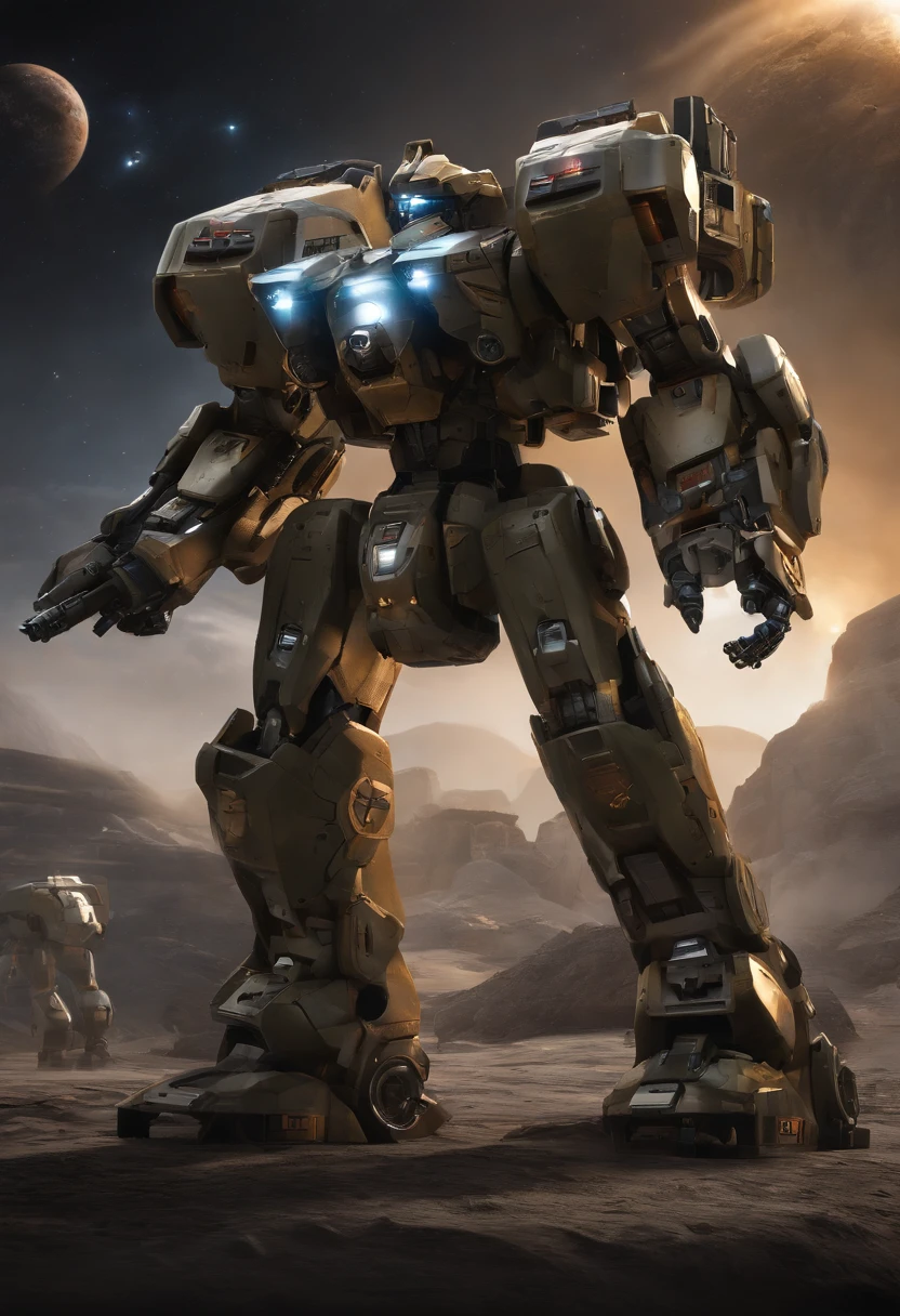 (Fighter mechs are huge, Realistic, Realistic, Full front and back display, Rich in specific details, Very three-dimensional: 1.2, Possibility to go back and forth to space, Design style, Excellent color matching, Cab details are displayed perfectly, The background is a space galaxy)