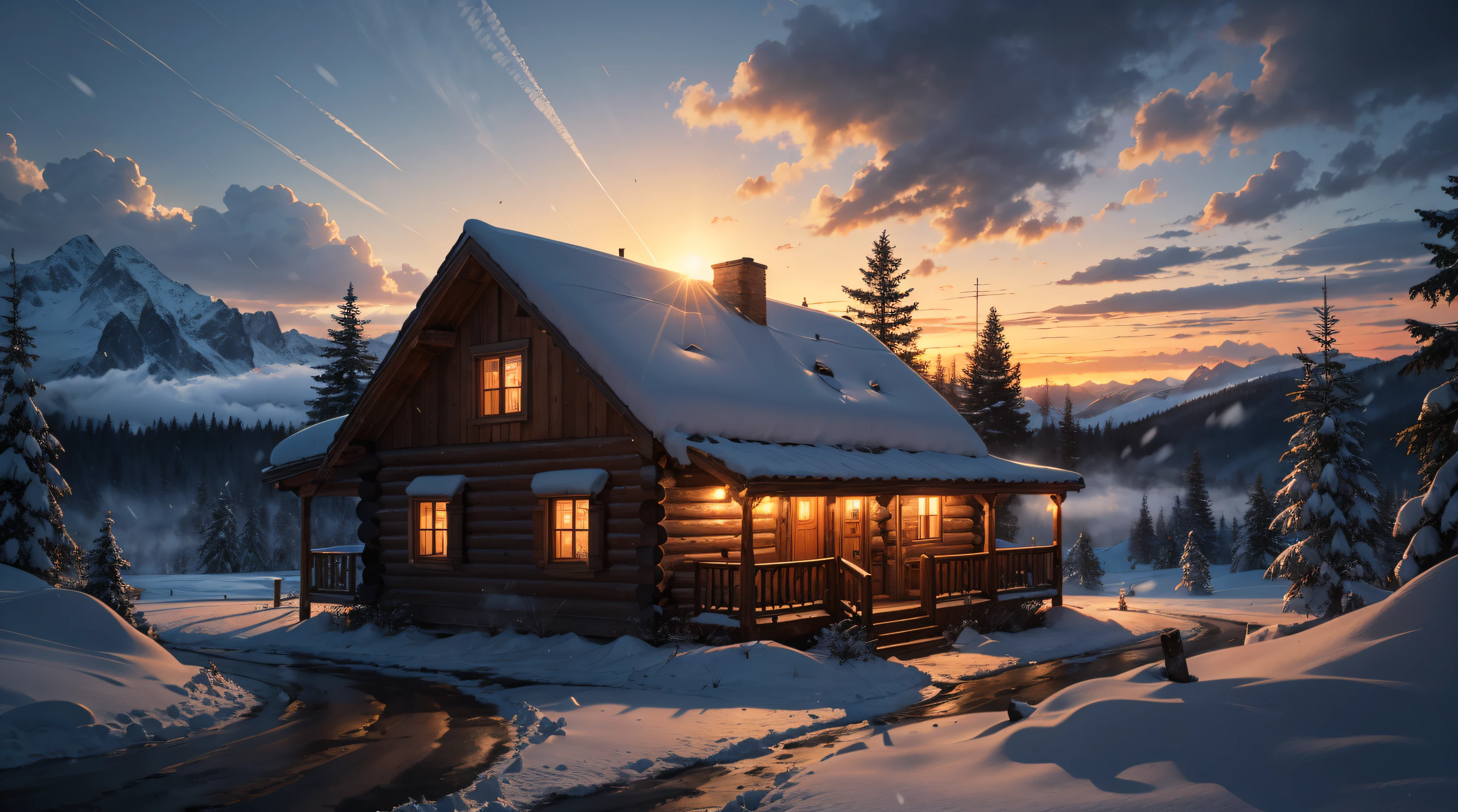 A mountain cabin, volumetric lighting, cinematic lighting, ultra realistic, 8k, sun set, worm light, snow falling, fog, hyper realistic evening time