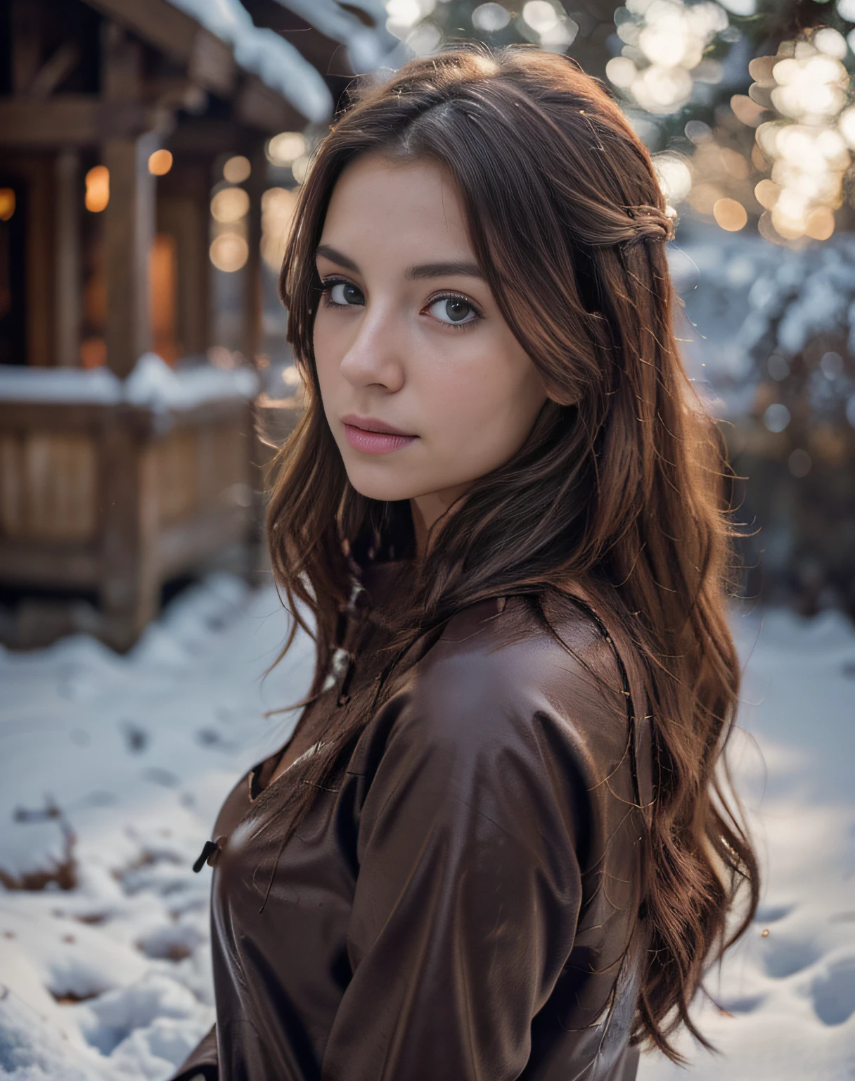 Photo of a young moldavian woman in her 20s, .RAW, Beautiful woman, (extra long wavy copper shimmer hair), ((portrait)), ((detailed facial features:1. 2))), ((detailed facial features)), (finely detailed skin), pale skin, (cool colour), damp, moist, Reflectors, (masterpiece) (perfect proportions)(realistic photos)(best quality) (indirect) shot on a Canon EOS R5, 50mm Lens, F/2. 8, (8k) (cinematic exposure) (dramatic exposure) (sharp focus) (intricate) mode, outside in the snow, mountains in the background, nice ass, SFW, wearing thick clothes