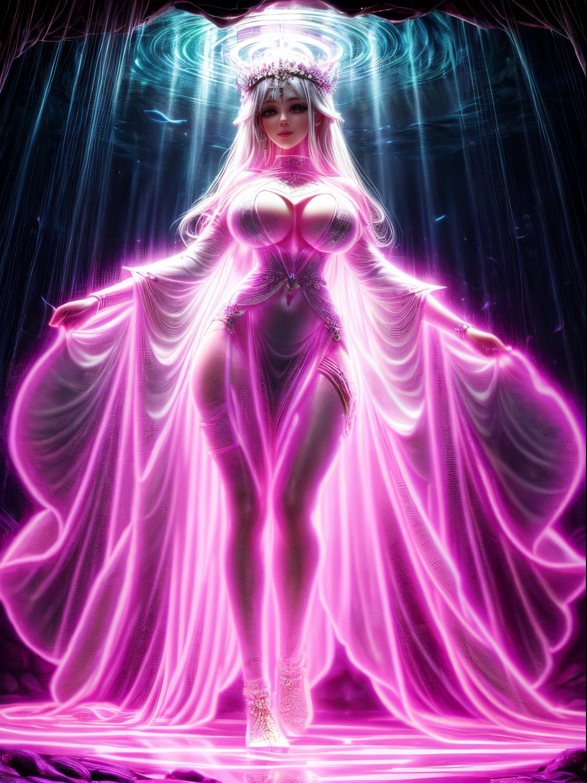 The goddess who descended into the cave, the whole body is shining, detailed white luxury dress, full body shot, Blacklight, giga_busty