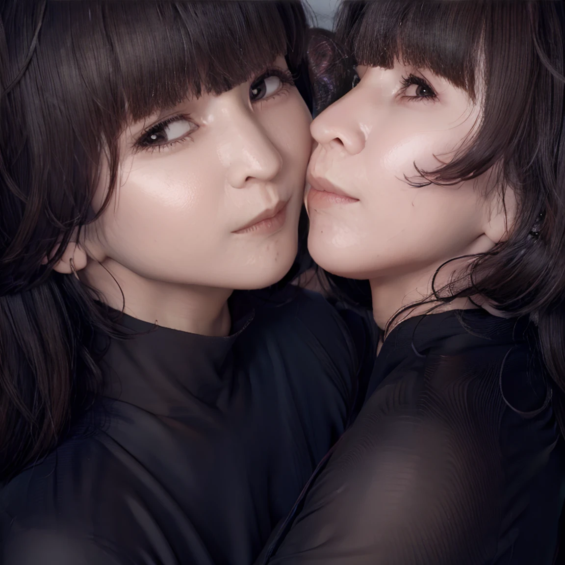 Raw photo、2girls,Two women looking at each other and having a deep kiss while hugging each other、((((Gigantic Breasts))))、Full body like、The same face、Long black hair,chiquita、(orgasm face:1.4)、Crowd Circle View、same person、saliva