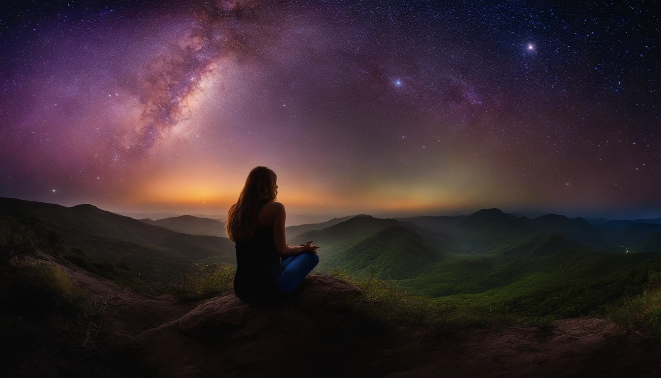 Human face in deep meditation, serenidade, aura brilhante e sutil, universo em AZUL e violeta, Stars and galaxies, macio, ethereal clouds, connectedness, roots in the earth, branches to the starry sky, tons amarelados, serenidade, cosmic harmony