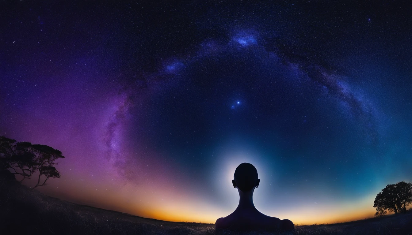 Human face in deep meditation, serenidade, aura brilhante e sutil, universo em AZUL e violeta, Stars and galaxies, macio, ethereal clouds, connectedness, roots in the earth, branches to the starry sky, tons amarelados, serenidade, cosmic harmony