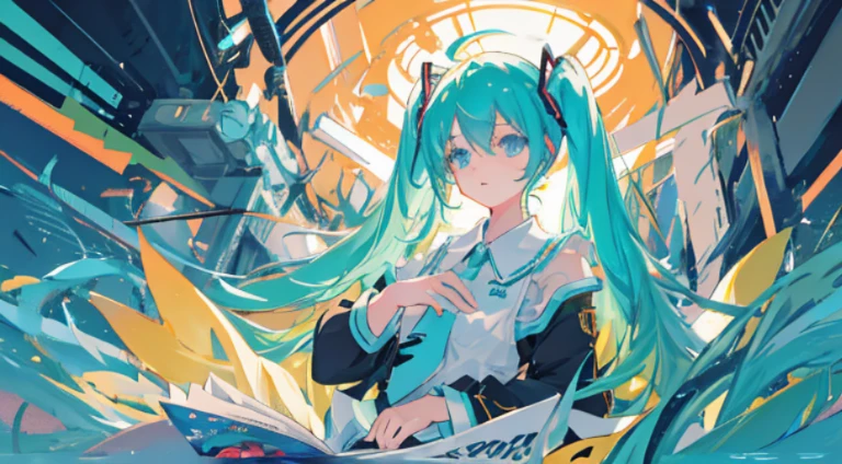 hatsune miku,Detailed Face, Light vintage color,planar, RISO Print Style,illustartion,Adols,Leave empty space,Low saturation,Individually organized,hight resolution, comic book character, comic, high quality detailed, style of ::2.0 comix illustration style,tatoon style, hiquality, hight resolution, detail enhancement, 8K, HD, Best Quality, hiquality, hight resolution, detail enhancement, 8K, HDR, sharp-focus, Ultra Detailed, perfect lighting