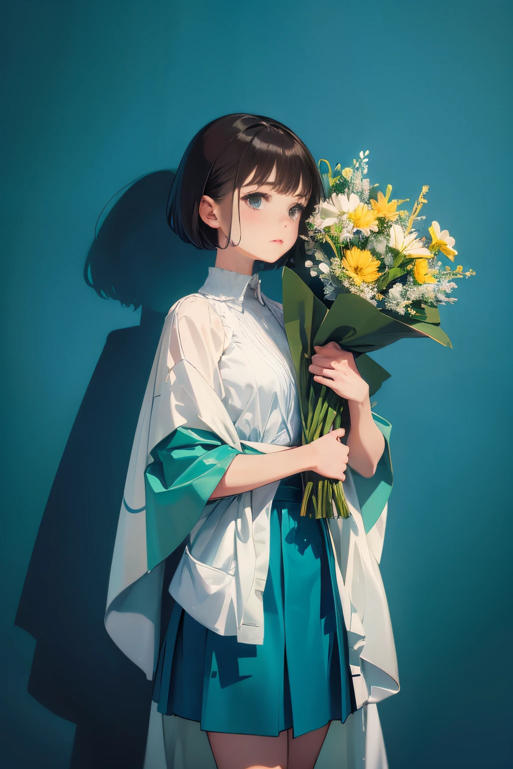 A woman standing in front of a white wall with a bouquet of flowers, With short hair, lofi-girl, with ivy, with teal clothes, with flowers, low quality photograph, with cape, Green clothes, Photo Shot, smooth in _ Background with, lofi girl aesthetic, 🤤 girl portrait, Aesthetic!!, dressed with long fluent clothes, Casual pose, Simple aesthetics