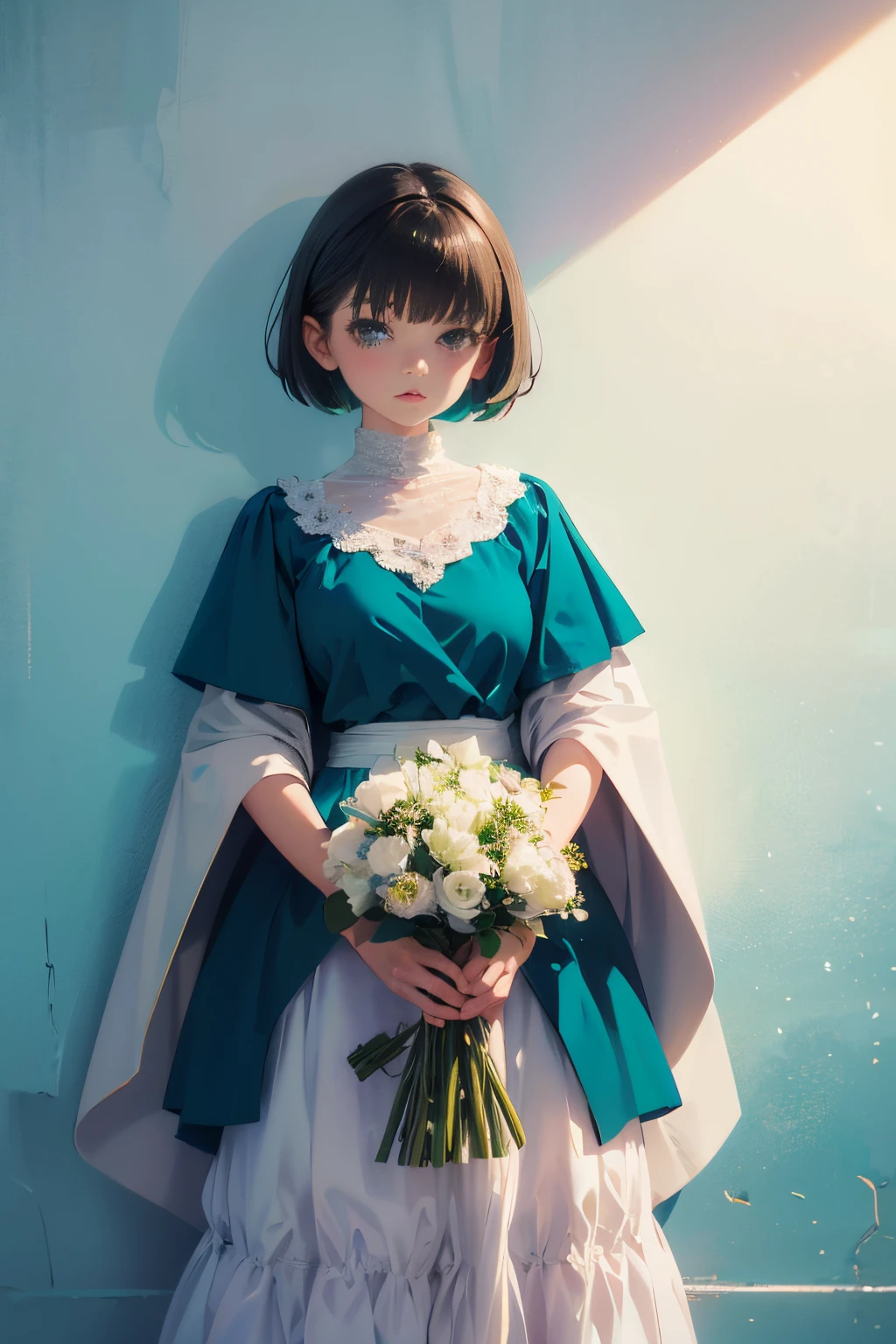 A woman standing in front of a white wall with a bouquet of flowers, With short hair, lofi-girl, with ivy, with teal clothes, with flowers, low quality photograph, with cape, Green clothes, Photo Shot, smooth in _ Background with, lofi girl aesthetic, 🤤 girl portrait, Aesthetic!!, dressed with long fluent clothes, Casual pose, Simple aesthetics