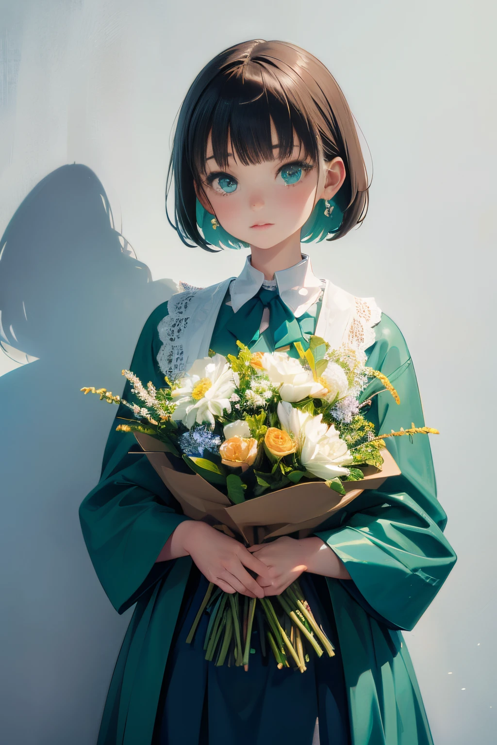 A woman standing in front of a white wall with a bouquet of flowers, With short hair, lofi-girl, with ivy, with teal clothes, with flowers, low quality photograph, with cape, Green clothes, Photo Shot, smooth in _ Background with, lofi girl aesthetic, 🤤 girl portrait, Aesthetic!!, dressed with long fluent clothes, Casual pose, Simple aesthetics