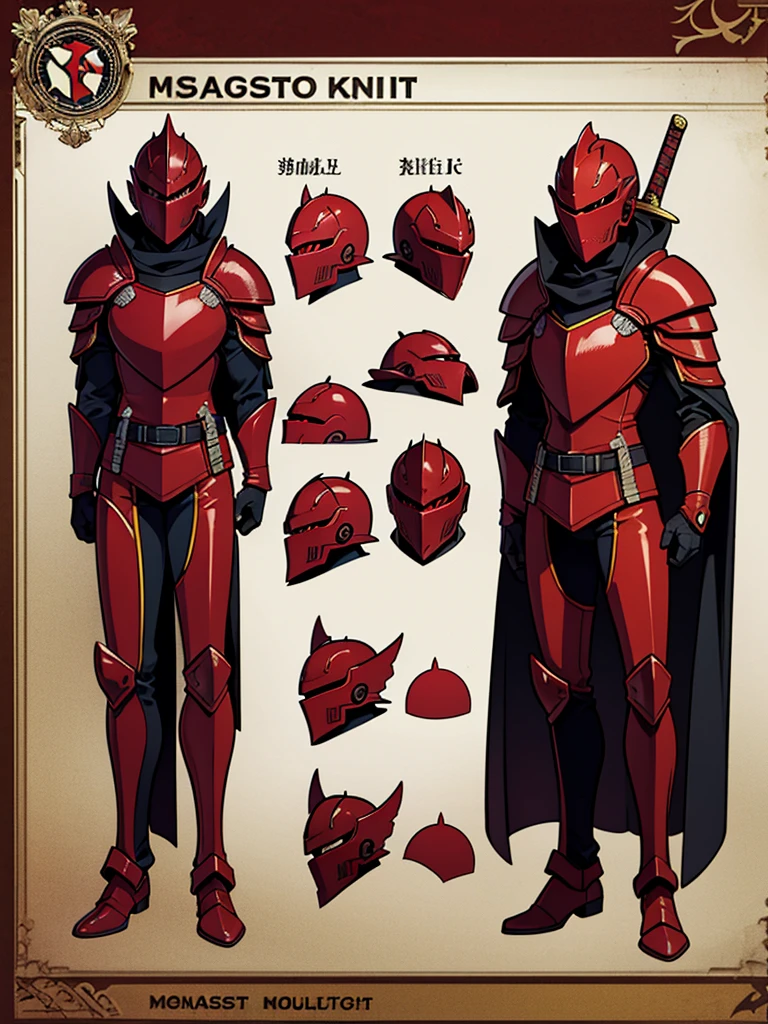 ((Masterpiece, highest quality)), character sheet, Full body, full of details, multiple poses, highly detailed, depth, many parts, one man, Red knight, sword, Black Cape, Glowing red eyes, menacing look, Red armor, Helmet armor, Cover face