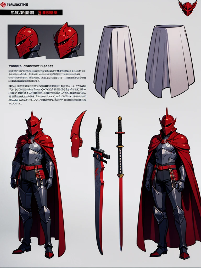 ((Masterpiece, highest quality)), character sheet, Full body, full of details, multiple poses, highly detailed, depth, many parts, one man, Red knight, sword, Black Cape, Glowing red eyes, menacing look, Red armor, Helmet armor, Cover face