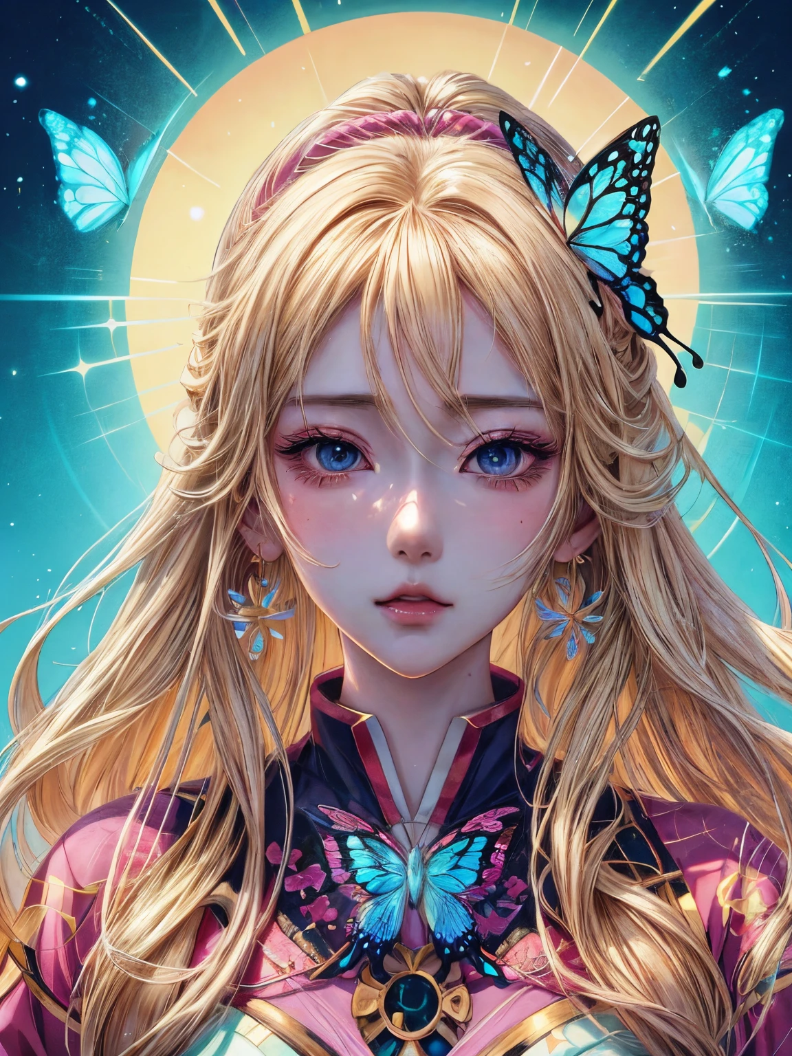 anime girl with long blonde hair and butterfly earrings, detailed portrait of anime girl, stunning anime face portrait, beautiful anime portrait, artwork in the style of guweiz, detailed digital anime art, beautiful anime face, digital anime illustration, beautiful anime style, guweiz, beautiful anime girl, beautiful anime woman, by Yang J, in the art style of bowater