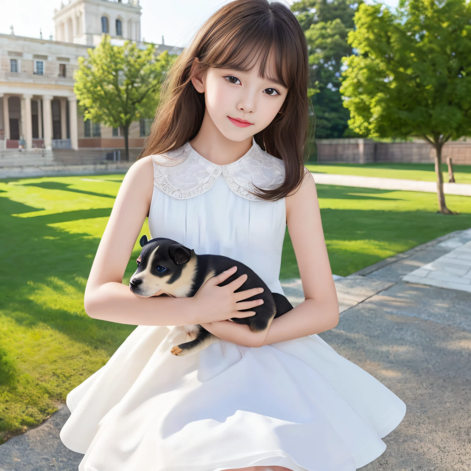 (top-quality、masterpiece:1.2)、Best Quality、realisitic、photoshot、hight resolution、1080p、8K、Textured skin、Physical Rendering、One Junior High School Girl、held a puppy、White Dress、