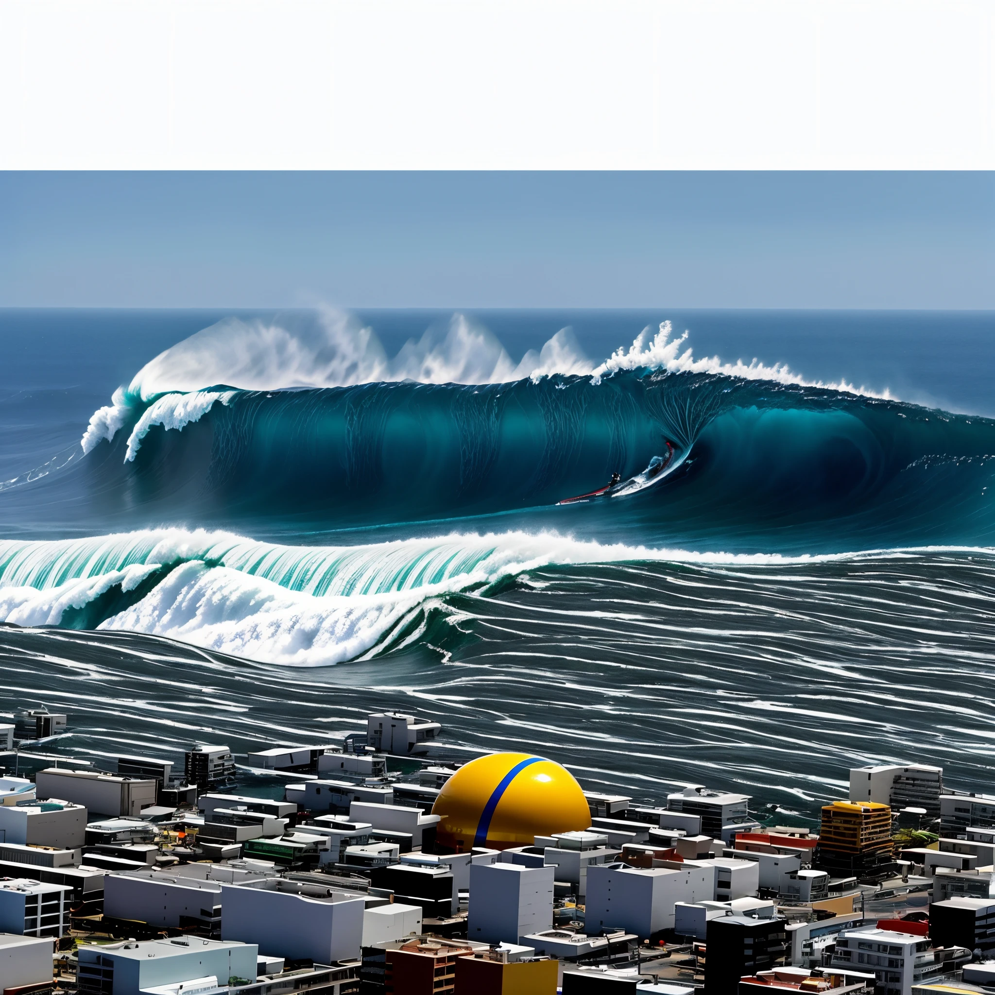 Uma onda enorme no oceano perto de uma cidade, ondas gigantes, ondas muito enormes, tsunami mutiversal, tsunami, massive waves, ondas enormes, cant believe it is real, sao paulo in the year 2 0 7 0, Directed by: Fernando Gerassi, tsunami behind him, Directed by: Jon Coffelt, Onda Grande, ondas grandes