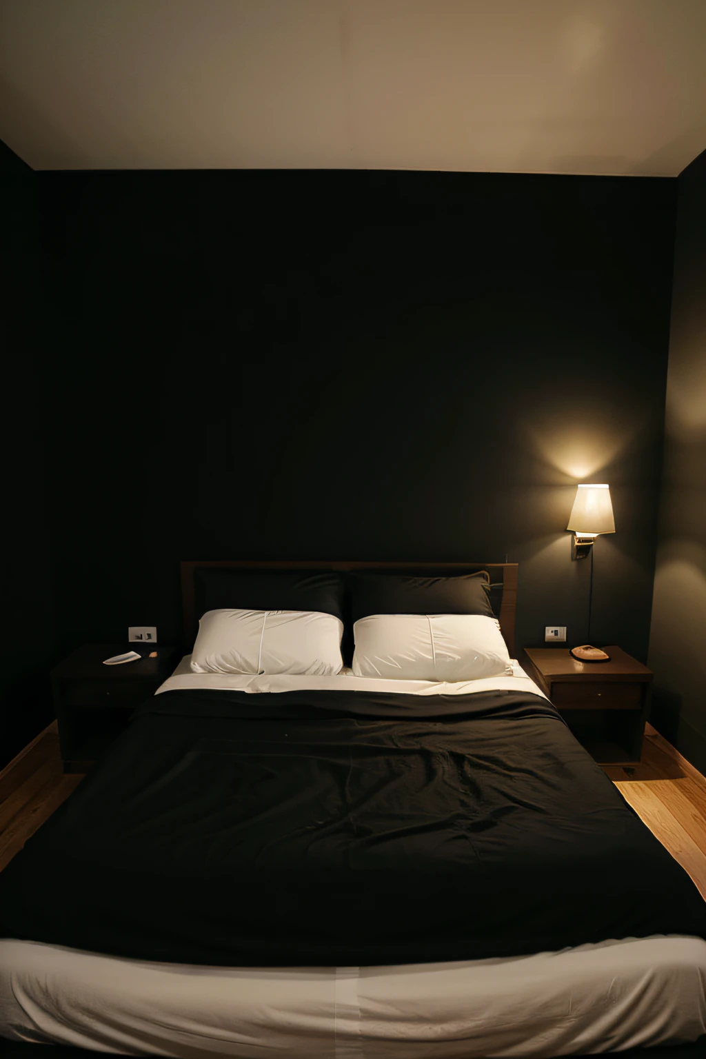 crie um quarto para um rapaz de 20 anos, com uma cama grande, paredes brancas, guarda-roupa preto, e janela bem iluminada