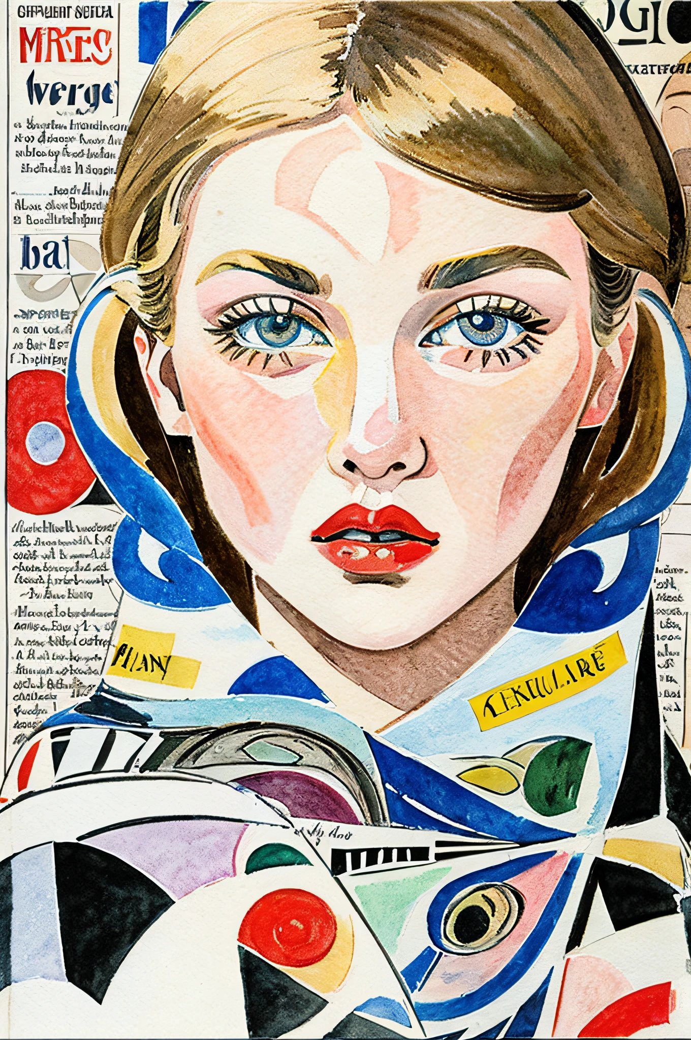 Sketched, watercolor paiting, Collage of Picasso and Robert Delaunay, cubism, Abstract, Cute daughter, big clear blue eyes, Little red cheeks, Blonde long-haired, Face-centric, Against the backdrop of newspapers and fashion magazines, Intricate Brushwork, high-level image quality, A breathtaking masterpiece