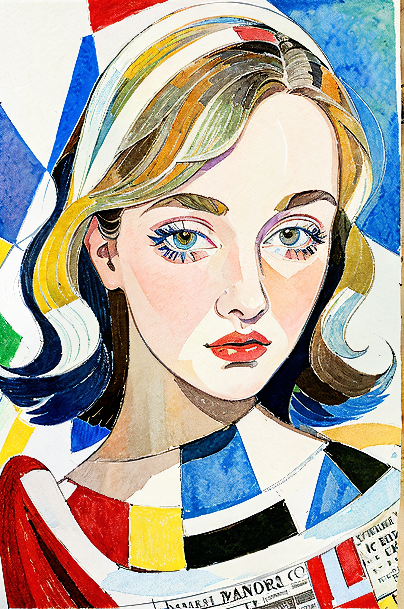 Sketched, watercolor paiting, Collage of Picasso and Robert Delaunay, cubism, Abstract, Cute daughter, big clear blue eyes, Little red cheeks, Blonde long-haired, Face-centric, Against the backdrop of newspapers and fashion magazines, Intricate Brushwork, high-level image quality, A breathtaking masterpiece