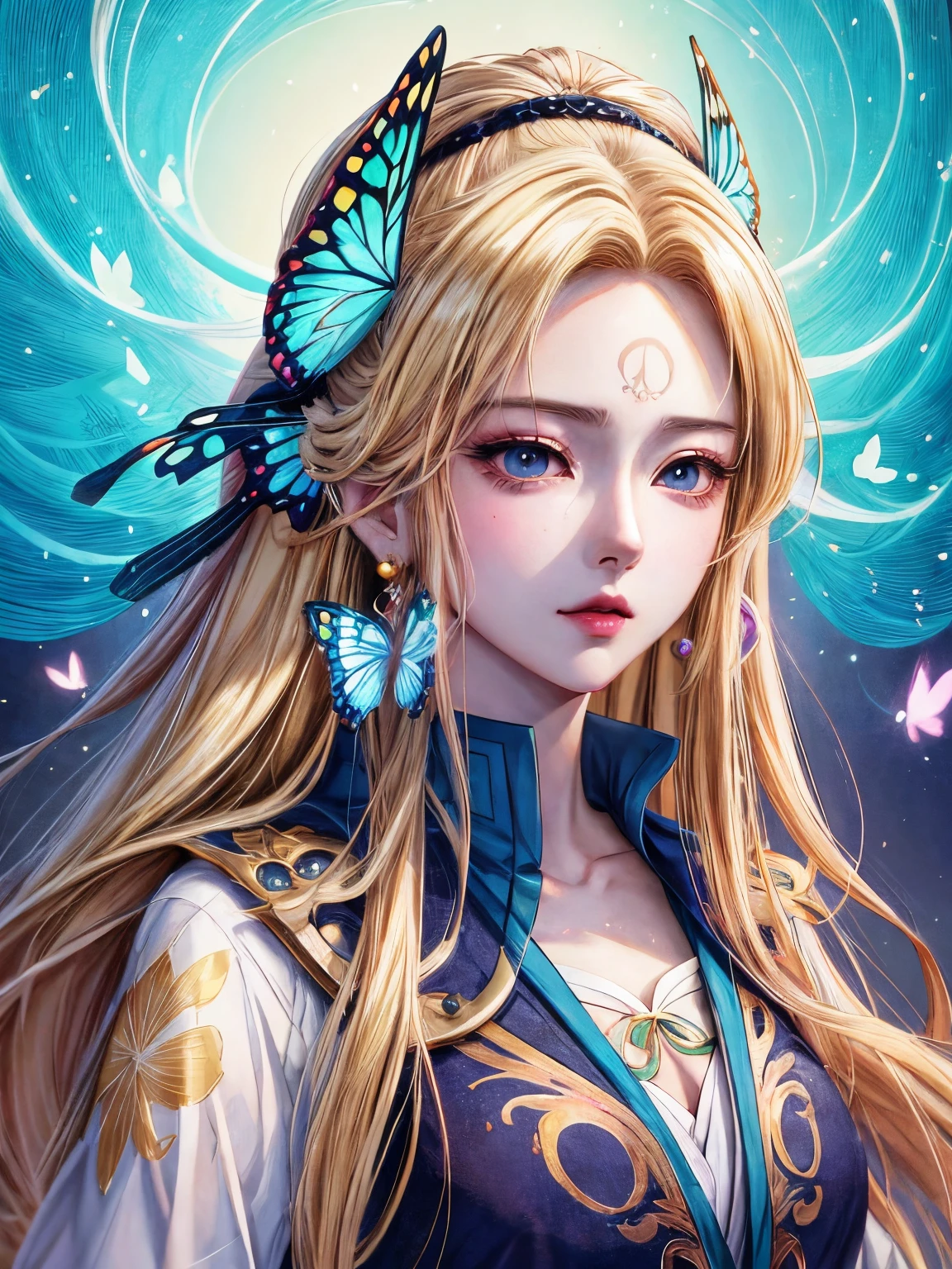 anime girl with long blonde hair and butterfly earrings, detailed portrait of anime girl, stunning anime face portrait, beautiful anime portrait, artwork in the style of guweiz, detailed digital anime art, beautiful anime face, digital anime illustration, beautiful anime style, guweiz, beautiful anime girl, beautiful anime woman, by Yang J, in the art style of bowater