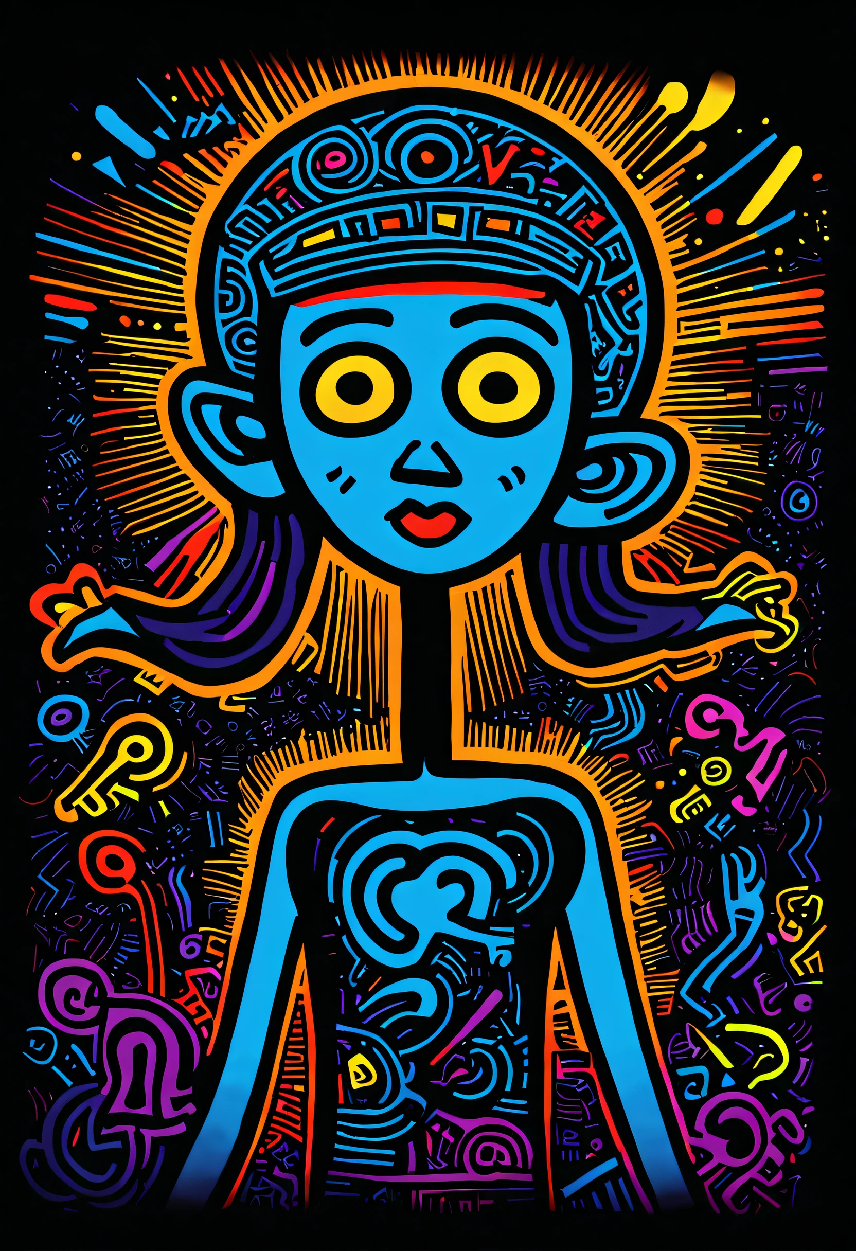 Black light art ，with black background，，Keith Haring style, character concept design, A half body