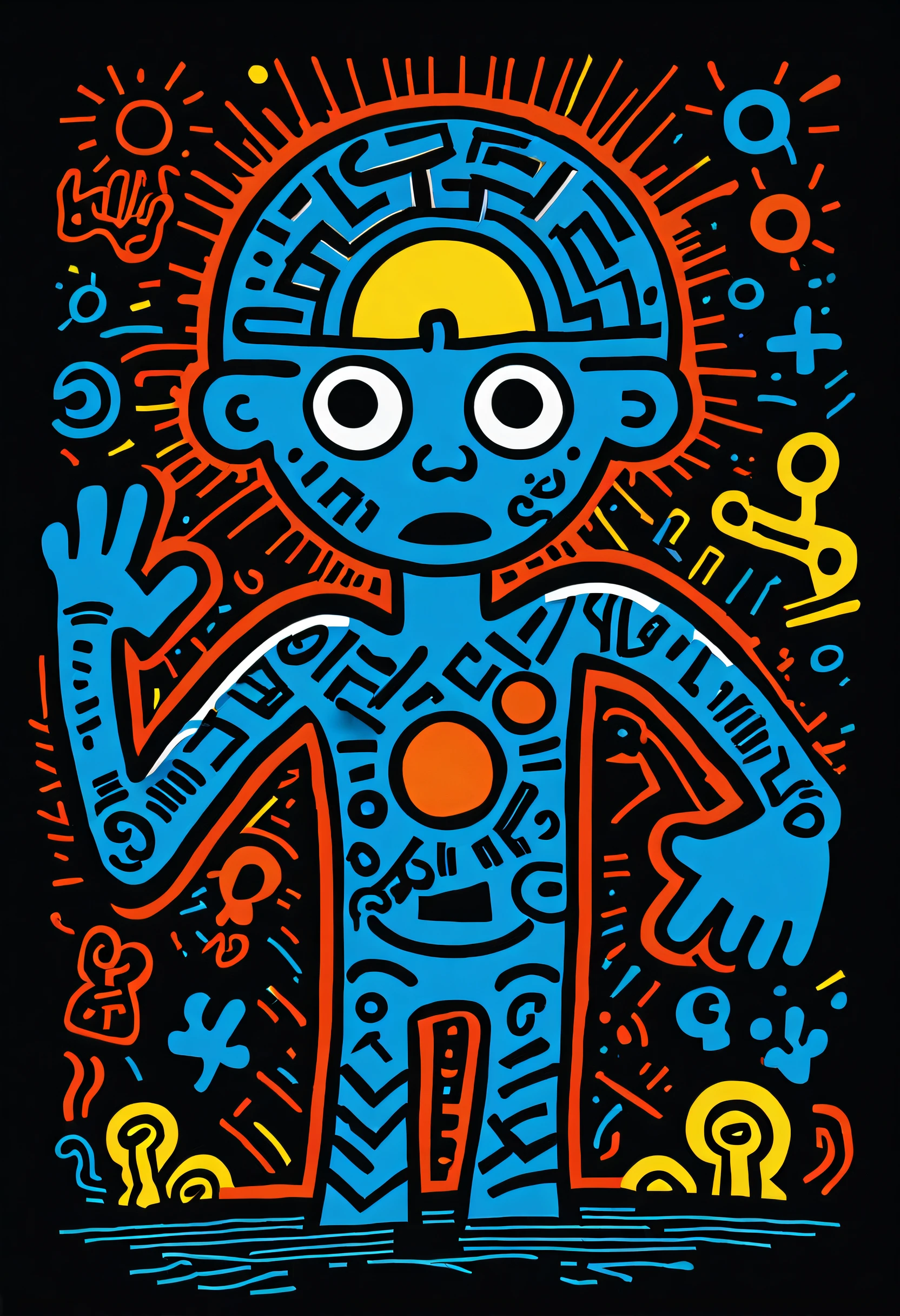 Black light art ，with black background，，Keith Haring style, character concept design, A half body