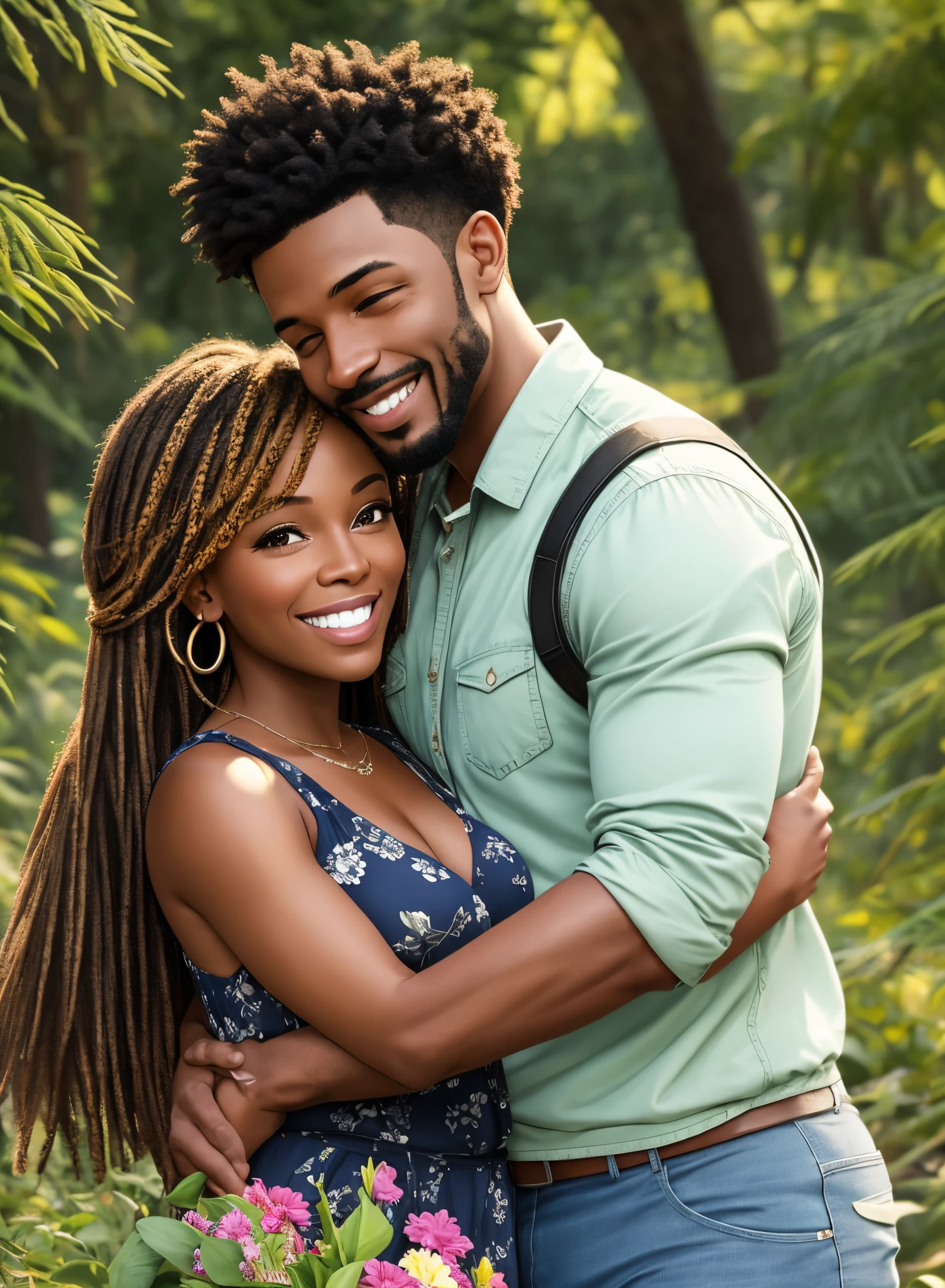 Please create a realistic image of a smiling, embracing black couple with a nature background. Emphasize facial expressions and details, ensuring authenticity and a warm feel --auto --s2