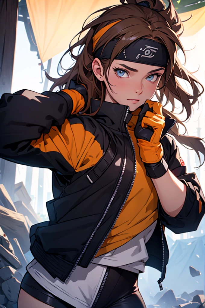 A European looking girl with messy straight brown hair, named Mira1, Handsomer, High quality picture, With Naruto headband With air symbol, wearing black jacket, 4K, in camp, both eyes clear, wearing gloves