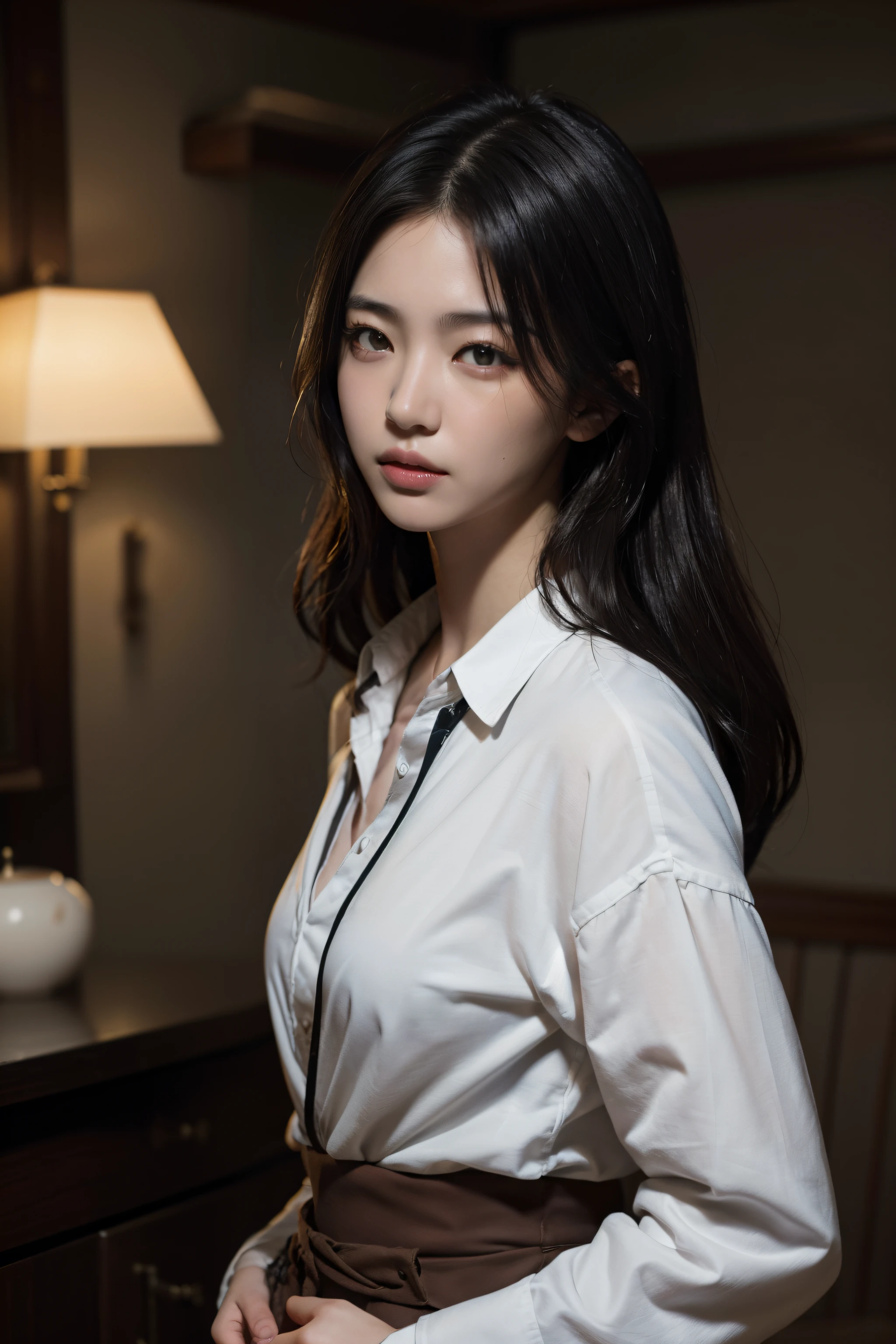 1girl, woman, masterpiece, best quality, highest quality, cinematic lighting, (volumetric lighting), extremely detailed CG unity 8k wallpaper, focused, 8k wallpaper, extremely detailed, ultra realistic, photorealistic, sharp focus, absurdres, (HDR:1.2), (high contrast), photograph, detailed and intricate, instagram, portrait, highly detailed, digital painting, artstation, concept art, smooth, sharp focus, illustration, cinematic lighting, (big breast:1.2), (whole body:1.2), white collar shirt, open shirt, open the button, show thigh, mini skirt, (full body), looking at the viewer.