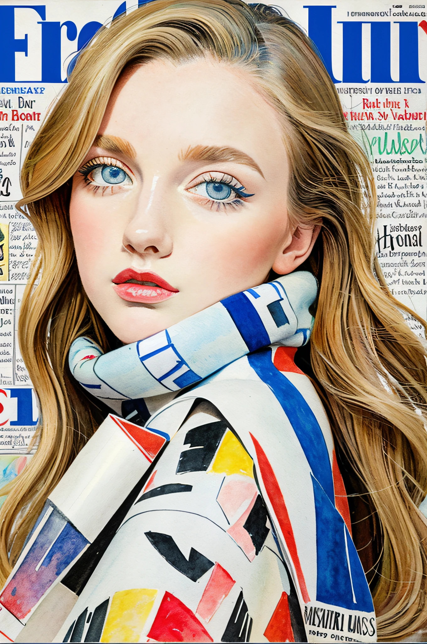 Sketched, watercolor paiting, Collage of Picasso and Robert Delaunay, cubism, Abstract, Cute daughter, big clear blue eyes, Little red cheeks, Blonde long-haired, Face-centric, Against the backdrop of newspapers and fashion magazines, Intricate Brushwork, high-level image quality, A breathtaking masterpiece