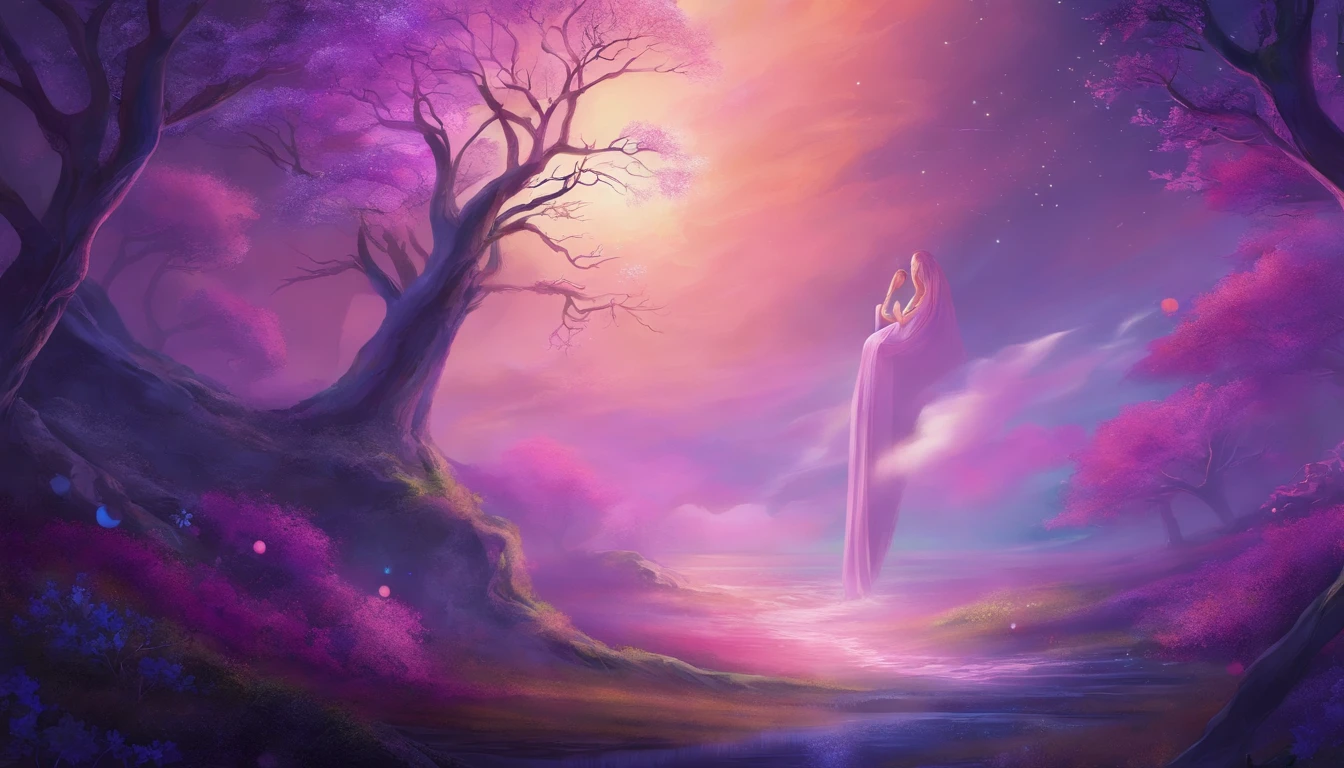 Human face in deep meditation, serenidade, aura brilhante e sutil, universo em roxo e violeta, Stars and galaxies, soft, ethereal clouds, connectedness, roots in the earth, branches to the starry sky, tons amarelados, paz interior, cosmic harmony