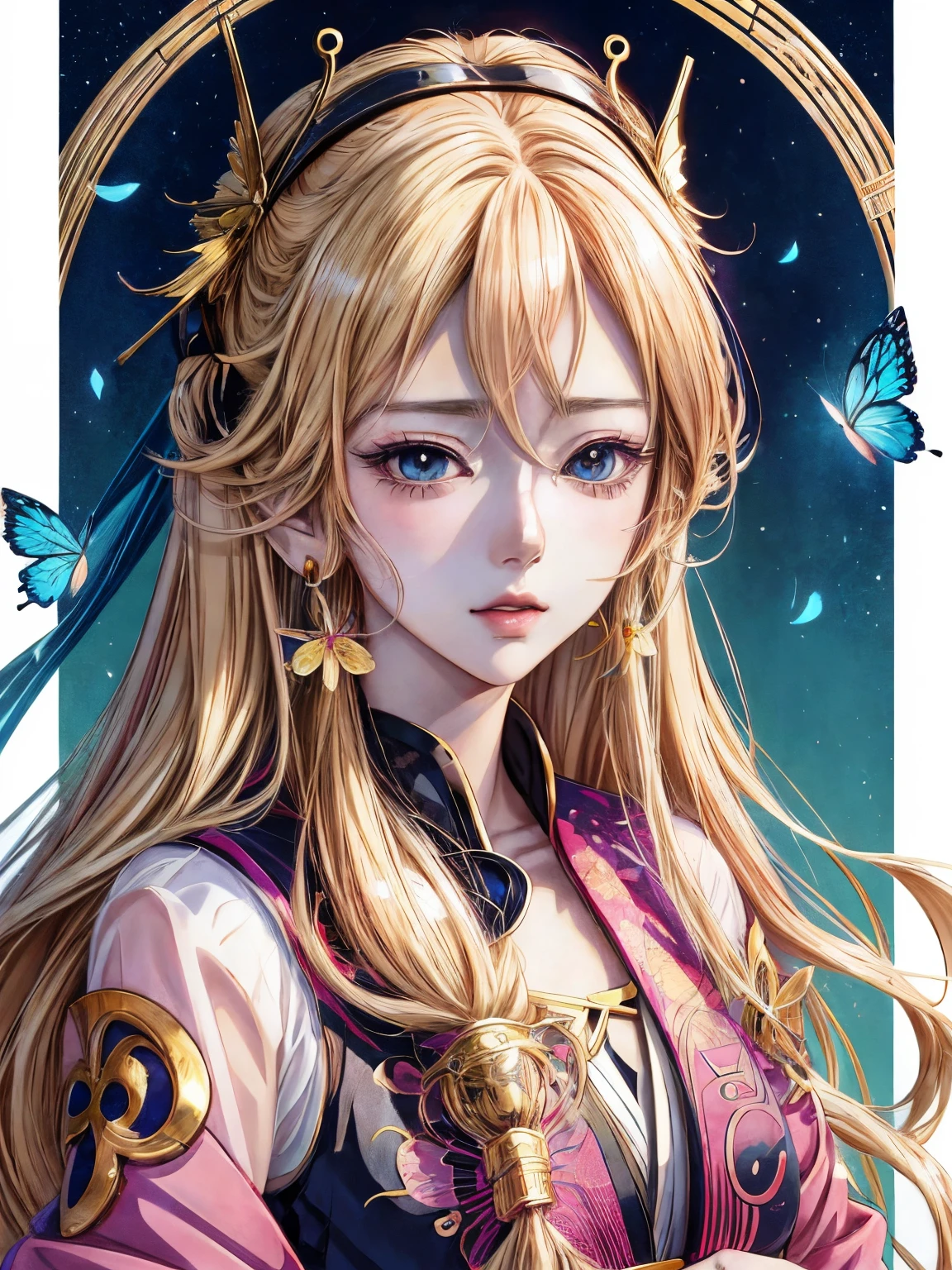 anime girl with long blonde hair and butterfly earrings, detailed portrait of anime girl, stunning anime face portrait, beautiful anime portrait, artwork in the style of guweiz, detailed digital anime art, beautiful anime face, digital anime illustration, beautiful anime style, guweiz, beautiful anime girl, beautiful anime woman, by Yang J, in the art style of bowater
