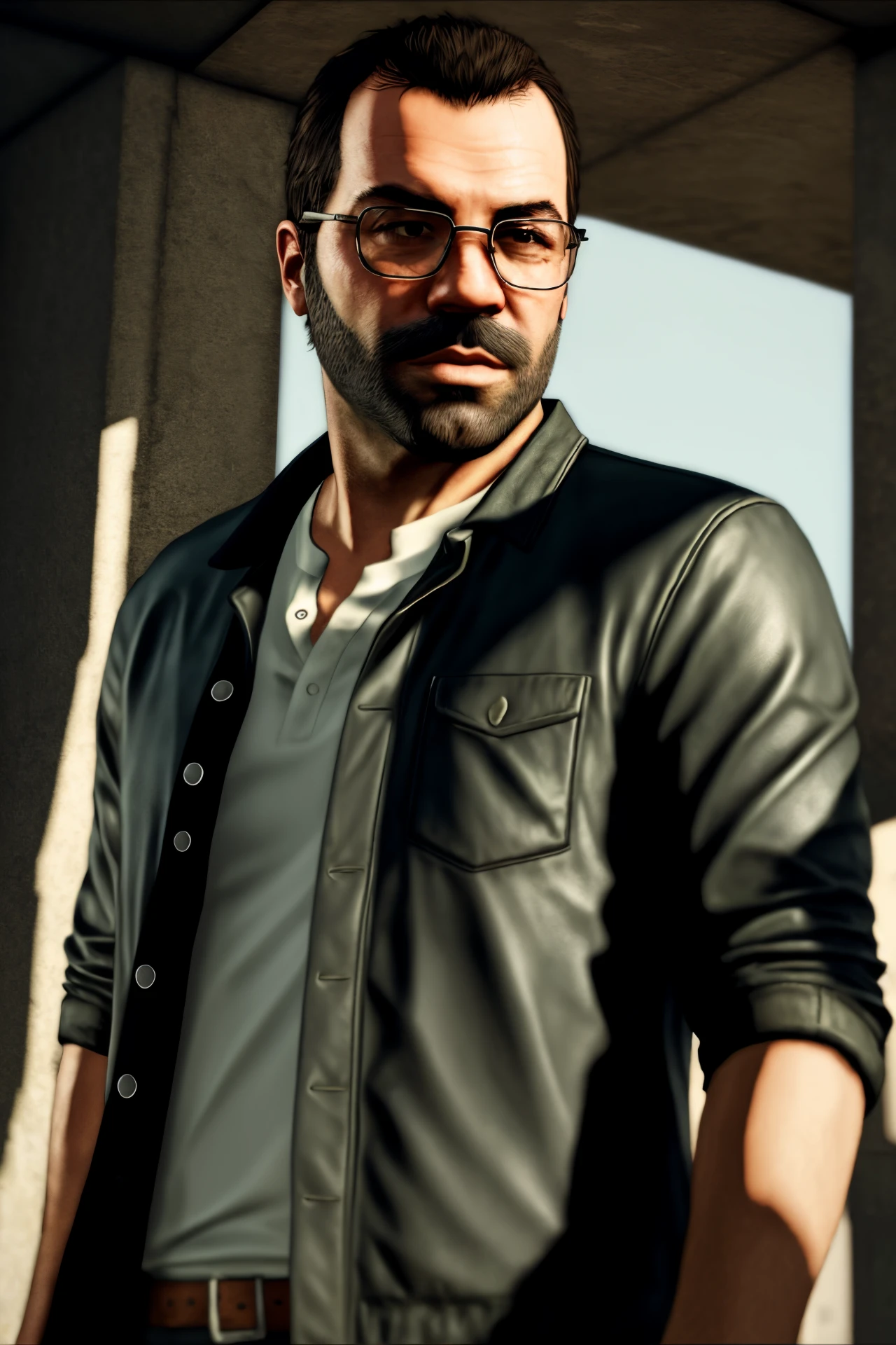 GTAV Loading Screen 2D art, (PivaArts) “male glass Beard” as GTA5 Character, cinematic composition, shaders, bright cinematic lighting, soft contrast, GTA5 loading screen