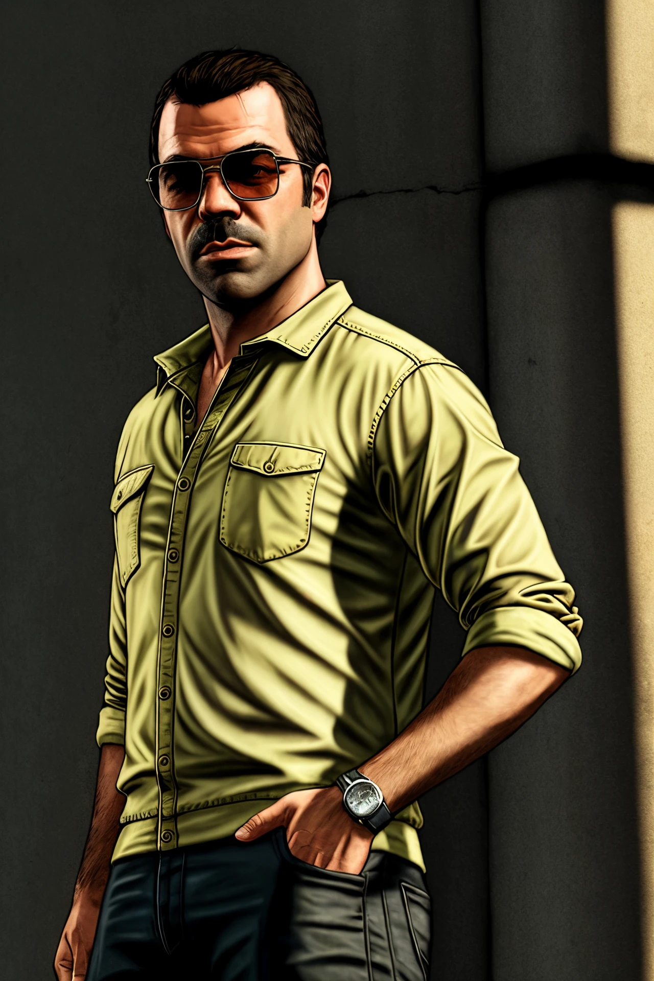 GTAV Loading Screen 2D art, (PivaArts) “male glass Beard” as GTA5 Character, cinematic composition, shaders, bright cinematic lighting, soft contrast, GTA5 loading screen