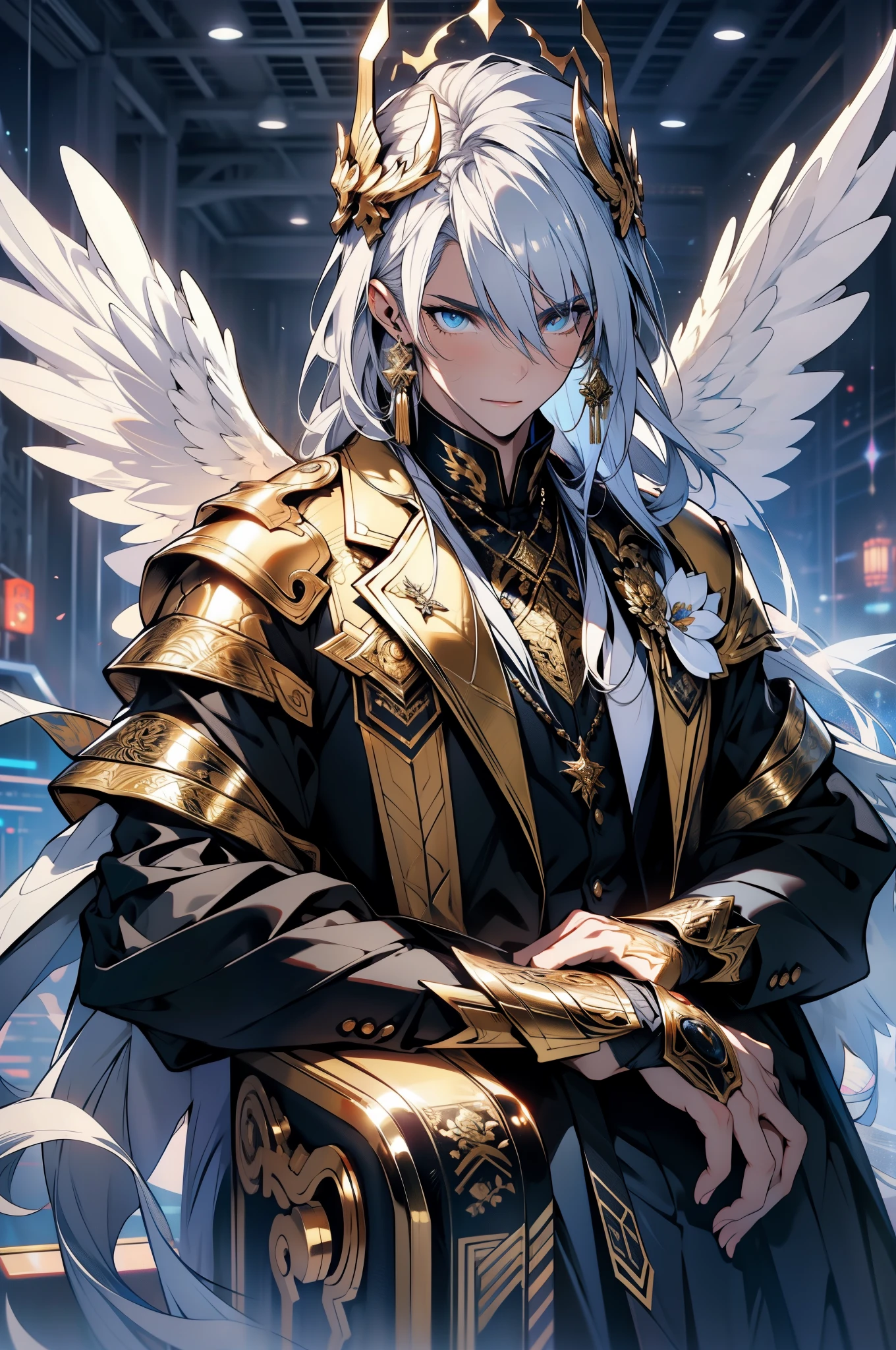 1 Male angel，Silver hair，Noble and elegant，ultra - detailed， （s fractal art：1.4）， rich colourful， 细致背景，（Background fractals：1.2），sit on luxurious sofa，six white wings，golden armour，divine，highly contrast， Ray traching， cinmatic lighting， （Start from the front：0.6）