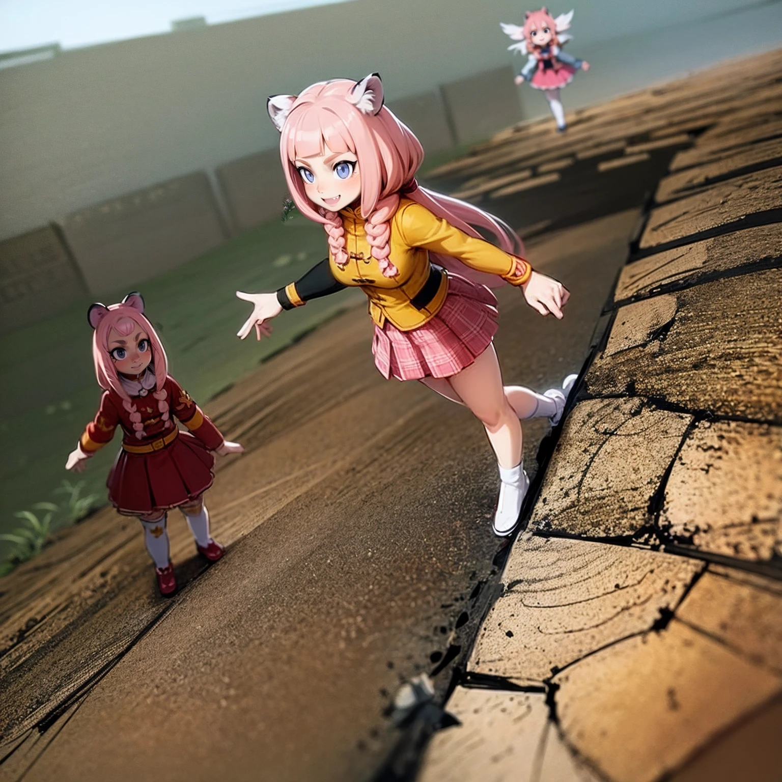, tiger ears, tiger tails, martial art, medium chest, pink hair, skirt, jacket, godess,1girl,coat,walking, solo focus.1character, holy catholic mountain, smile, large skirt, long skirt, pullover, background ruins