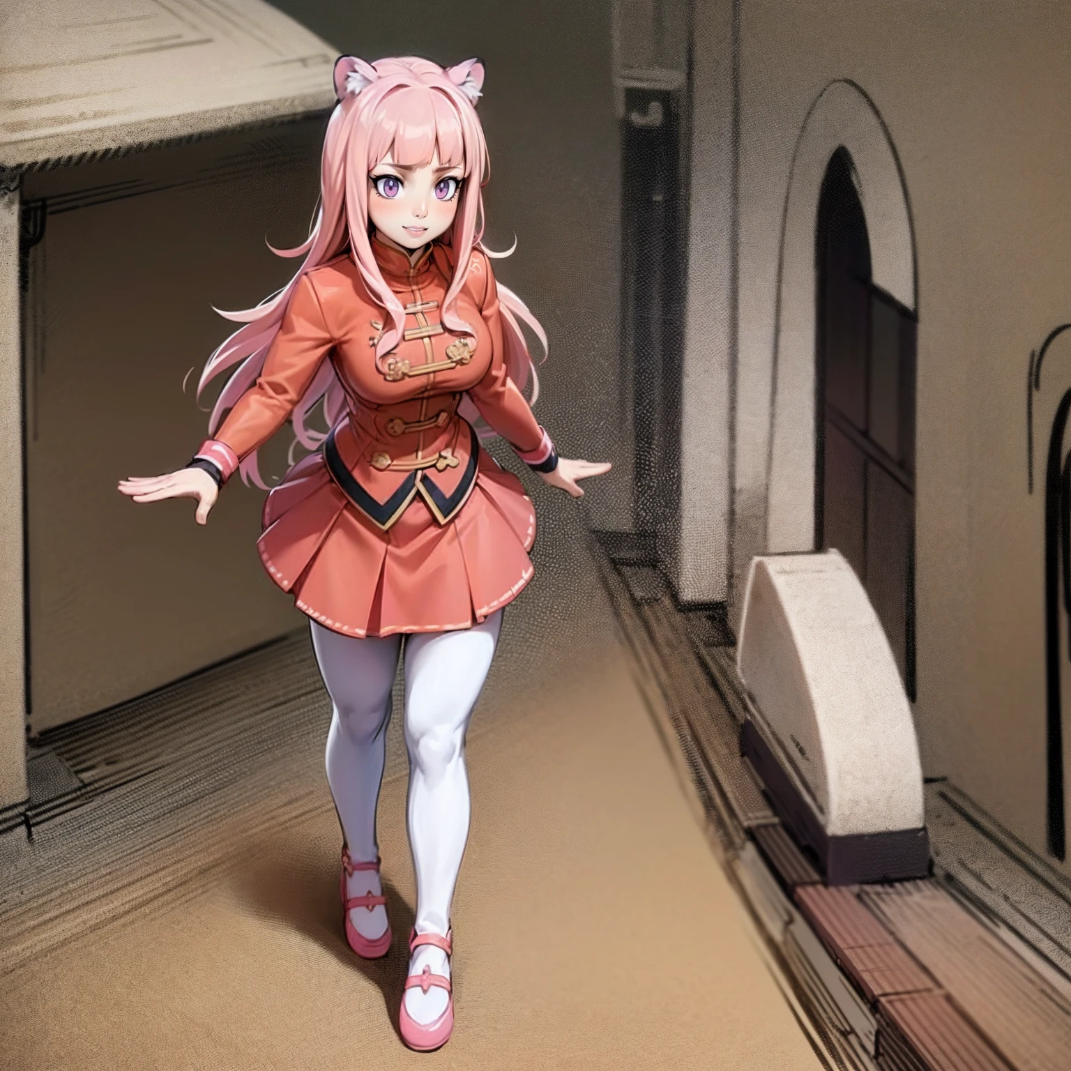 , tiger ears, tiger tails, martial art, medium chest, pink hair, skirt, jacket, godess,1girl,coat,walking, solo focus.1character, holy catholic mountain, smile, large skirt, long skirt, pullover, background ruins