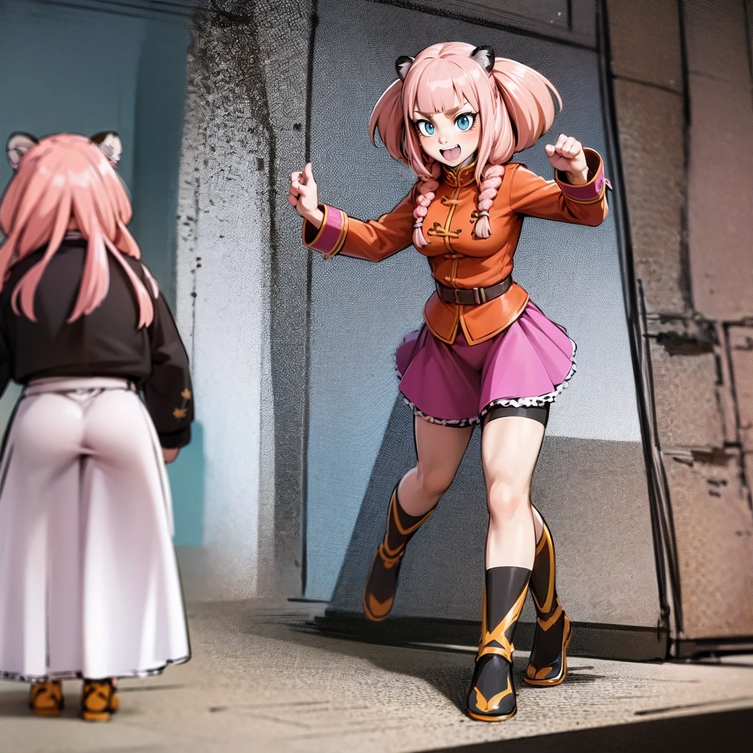 , tiger ears, tiger tails, martial art, medium chest, pink hair, skirt, jacket, godess,1girl,coat,walking, solo focus.1character, holy catholic mountain, smile, large skirt, long skirt, pullover, background ruins