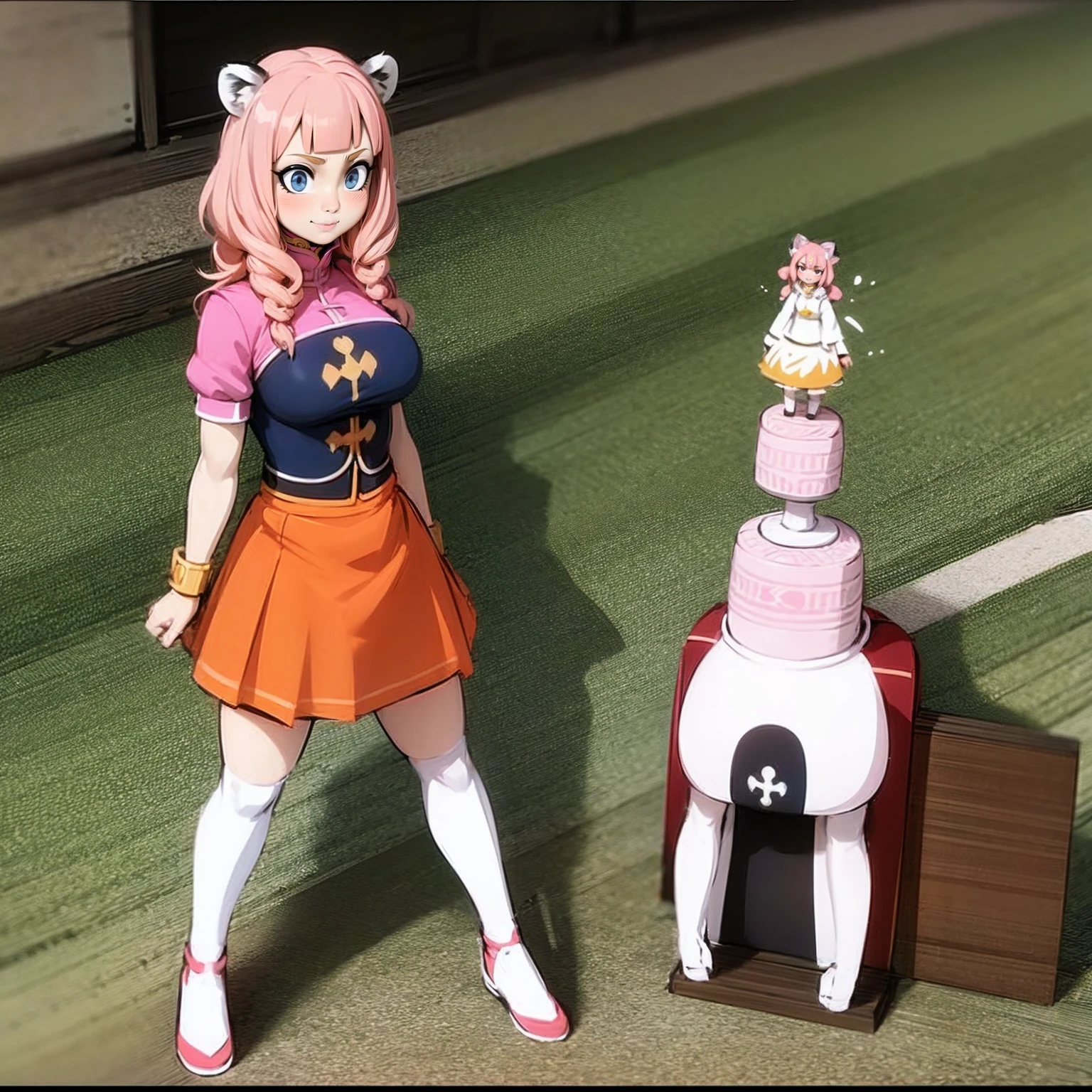 best quality, photorealistic, 8k, high res, 1girl,(skindentation), (large breast), (professional lighting, bokeh), (fantasy), (medieval town), (people, crowds), (day),(pink hair), (blue eyes), (portrait), gorgeous, bloom, gts, no text, stretching, toned, thick thighs