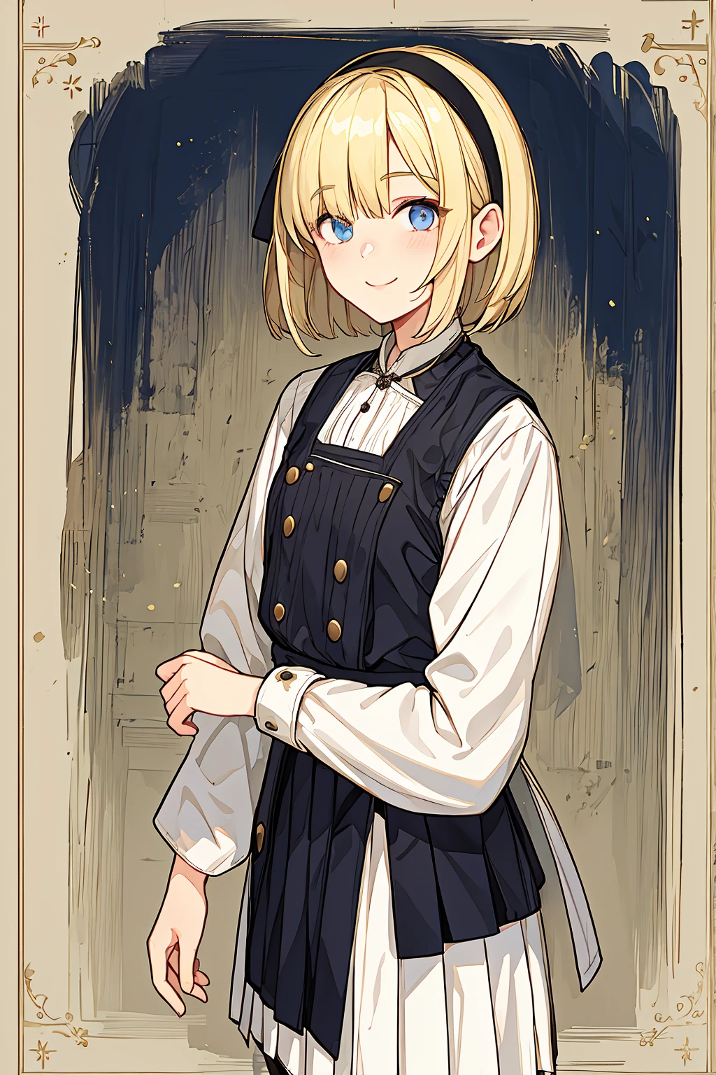 8K、best quality face、Top Quality Eyes、cowboy shot、15 year old girl、a blond、Black headband、Short hair、Bangs are cut above the eyes、ssmile、Smiled face、white long sleeved blouse、White pleated skirt
