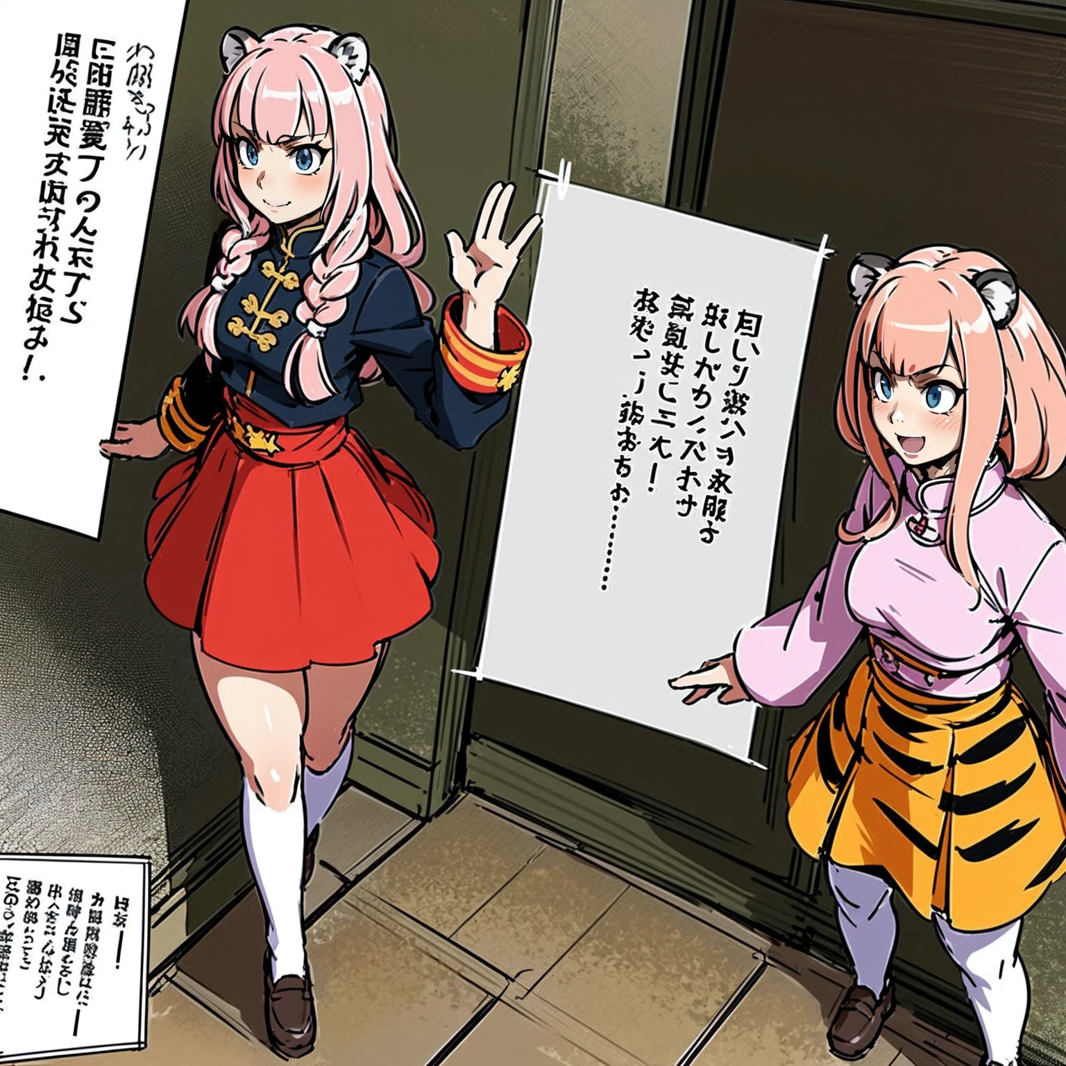 little girl, tiger ears, tiger tails, martial art, medium chest, pink hair, skirt, jacket, godess,1girl,coat,walking, solo focus.1character, holy catholic mountain, smile, large skirt, long skirt, pullover, background ruins