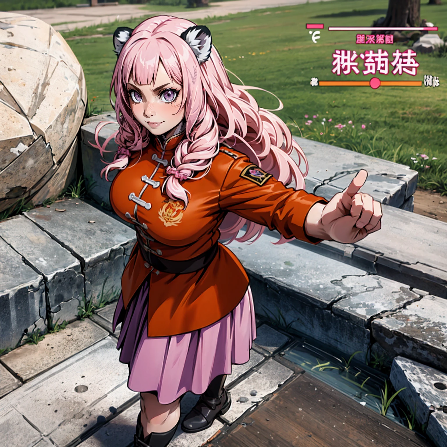 , tiger ears, tiger tails, martial art, medium chest, pink hair, skirt, jacket, godess,1girl,coat,walking, solo focus.1character, holy catholic mountain, smile, large skirt, long skirt, pullover, background ruins