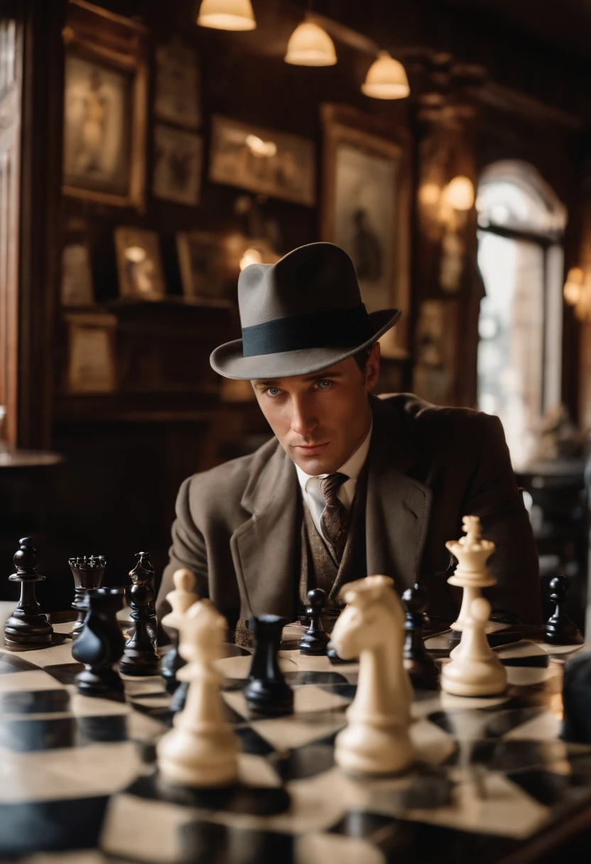 A photo of René enjoying a leisurely game of chess in a posh cafe,Raiders of the Lost Ark,René is a tall man, with blue eyes, short dark grey curly hair, wears white suits, wears a white fedora, famously portrayed by a young Paul Freeman, male