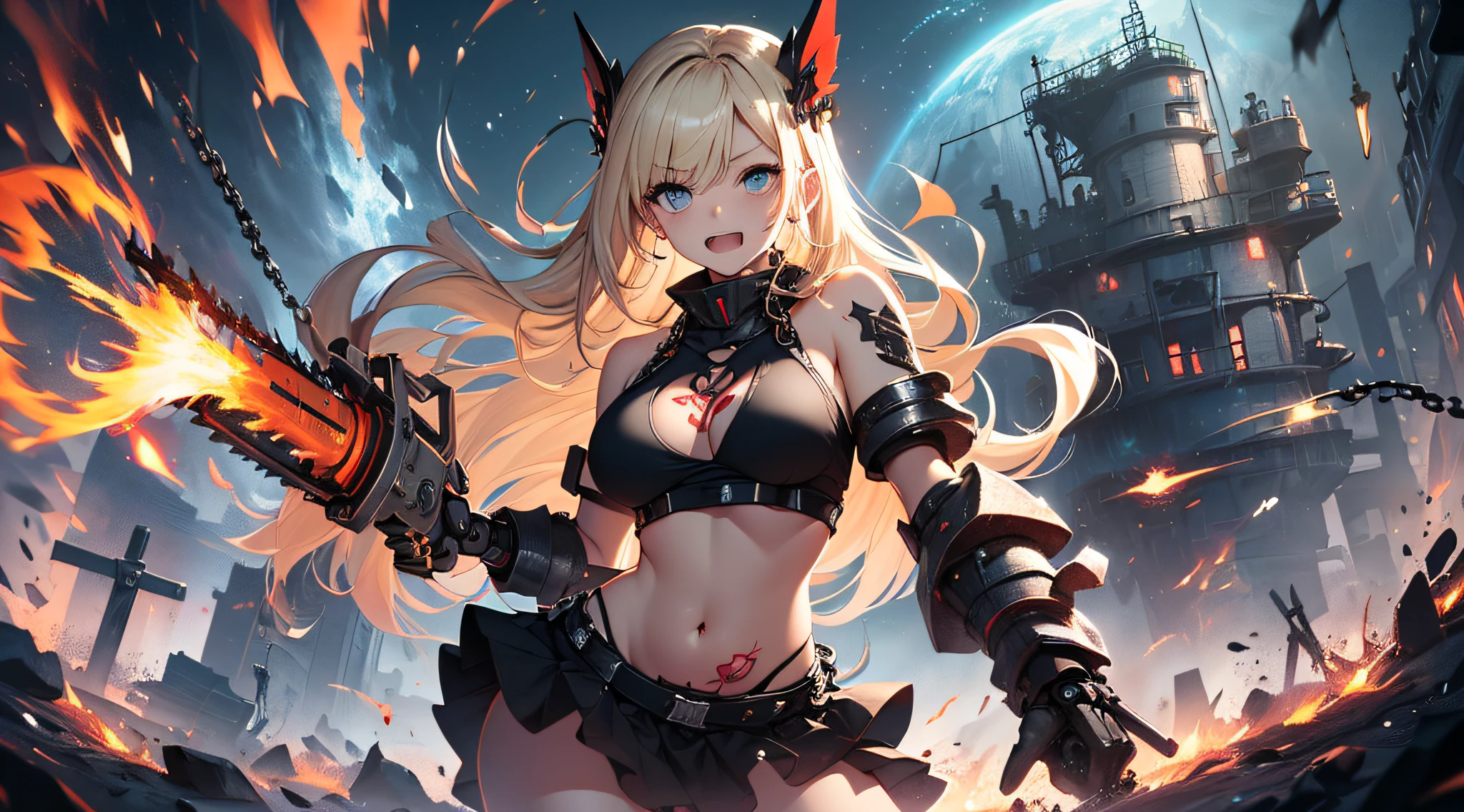 top-quality、Top image quality、masterpiece、girl with((Black Bikini、Black Mechanical Armor、、teen ager、cute lit Bust、big bast,Beautiful light blue eyes、Breasts wide open, a blond、A slender,Large valleys、belligerent movements,Warlike face、Navel Tank Top、mechanical short skirt、anchor chain、chain、Holding a chainsaw、red heart tattoo on cheek、dye one's cheeks red、fighting poses、Laugh)),hiquality、Beautiful Art、Background with((universes)))、Depth((black hole)),masutepiece、depth of fields,Cinematic style