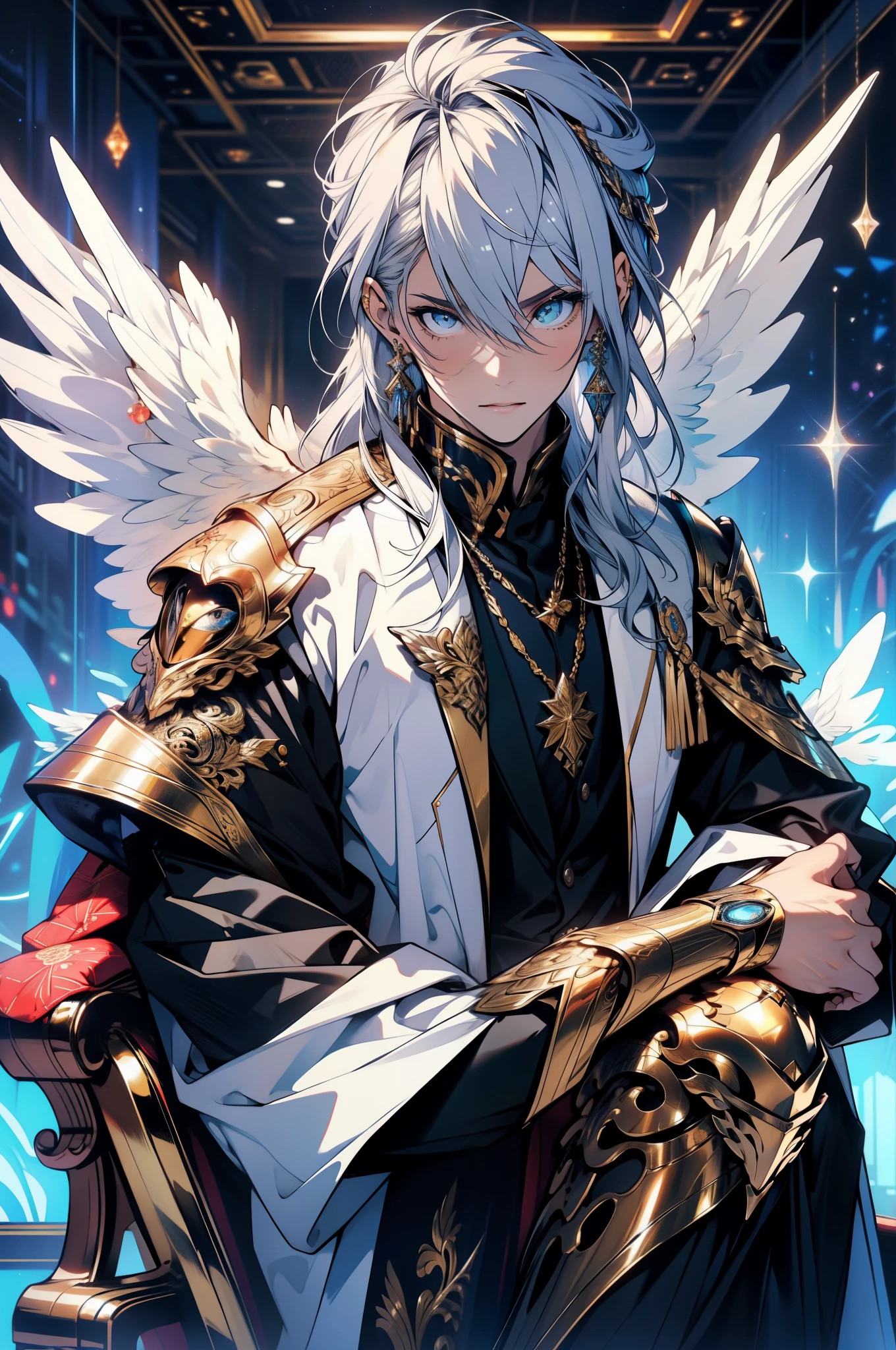 1 Male angel,Silver hair,Noble and elegant,ultra - detailed, (s fractal art:1.4), rich colourful, 细致背景,(Background fractals:1.2),sit on luxurious sofa,six white wings,golden armour,divine,highly contrast, Ray traching, cinmatic lighting, (Start from the front:0.6)