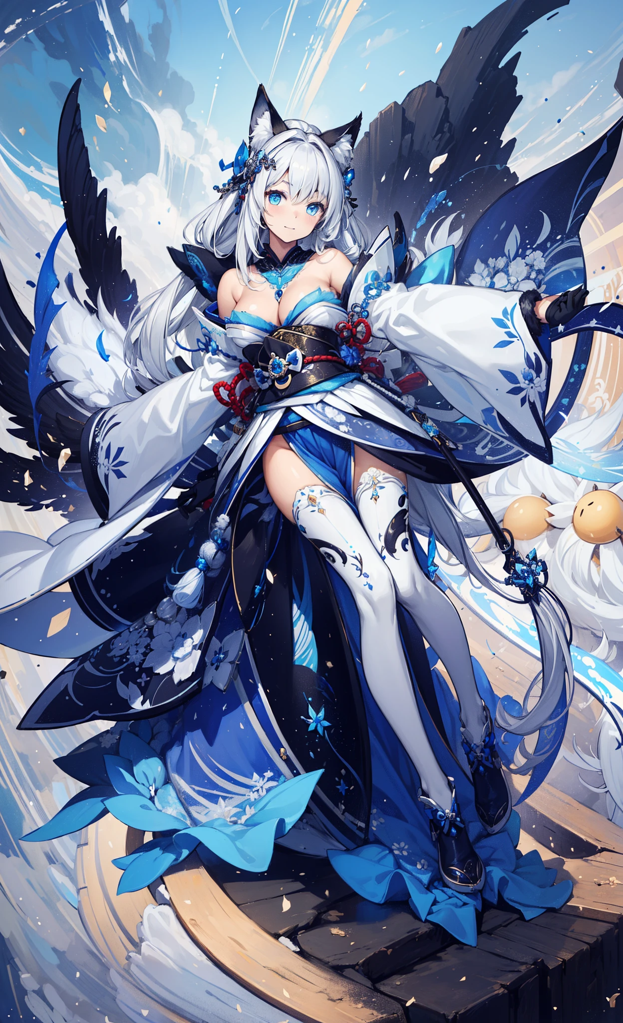 (Best quality:1.4), A high resolution, tmasterpiece,, 1 busty girl,, white color hair, eBlue eyes,, mediuml breasts,, Fox ear fur accessories, (blue|White Japanese Shinmitsu Clothing),,  Detailed faces,