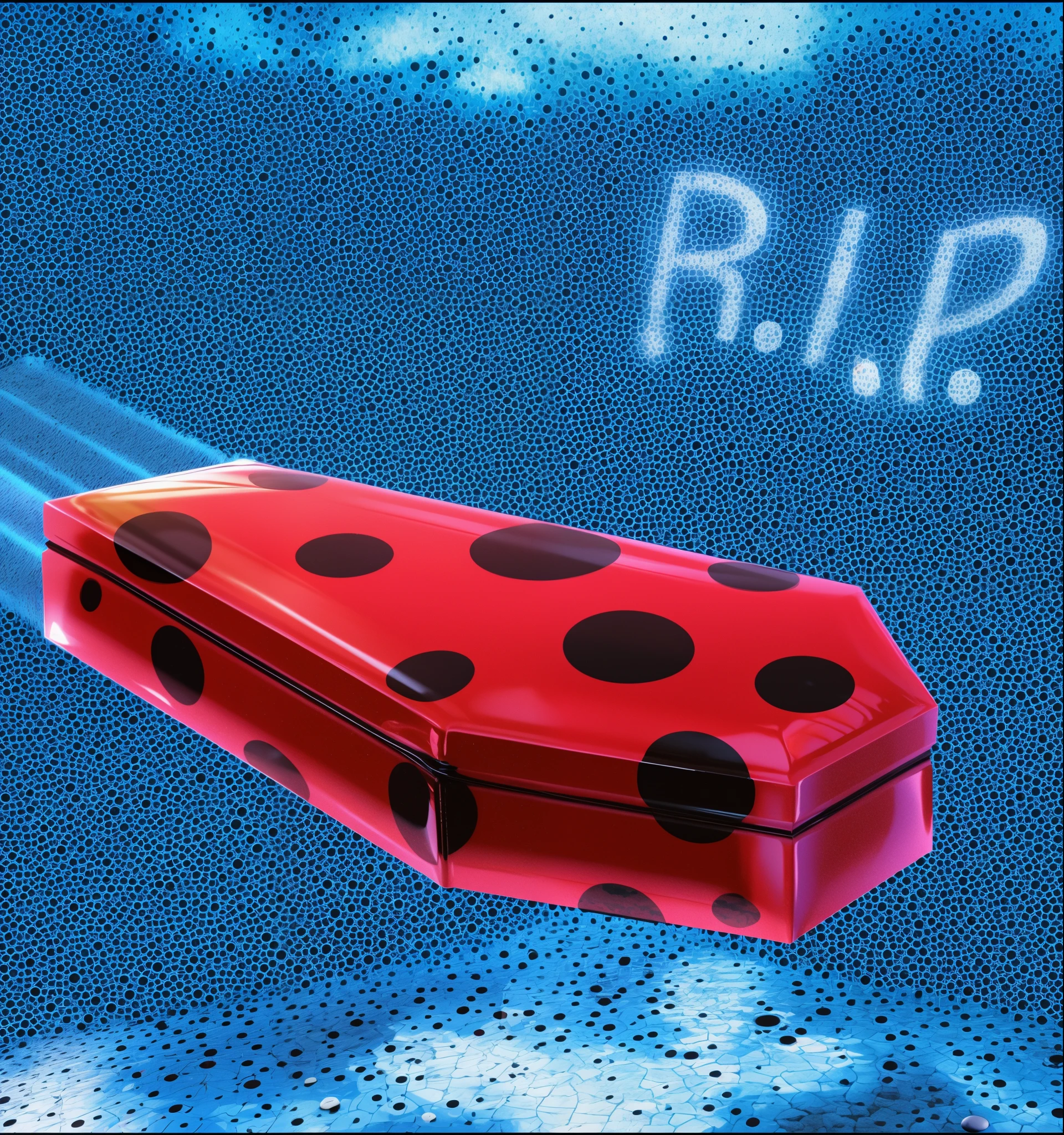 realistic glossy red and black polka doted glossy coffin with a blue sky background, rip, 3 d model, rim light, luminance, glossy coffin , huge ladybug coffin, bug, casket, funeral, tragic, stick, bricks flying, sad!, final, bugs, , retrofuturistic depressing, sky background, reflections