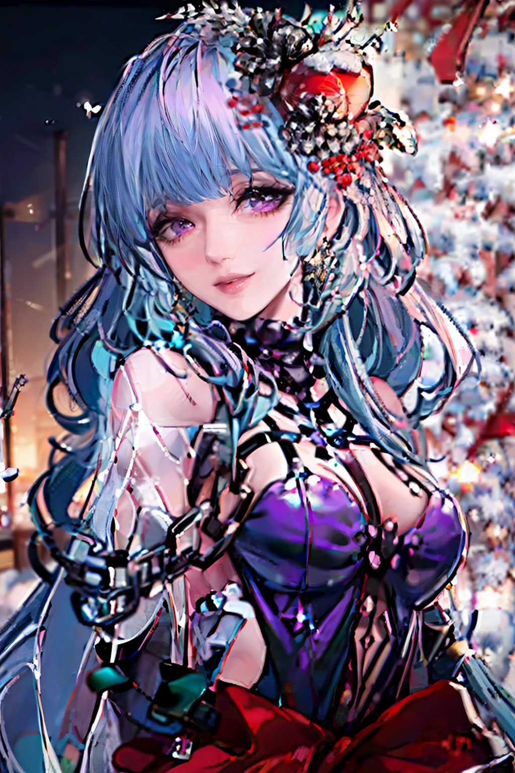 1girl, bangs, bare shoulders, blue hair, chain, earrings, hamel, jewelry, lips, long hair, looking at viewer, purple eyes, solo, upper body, medium breasts, smiling