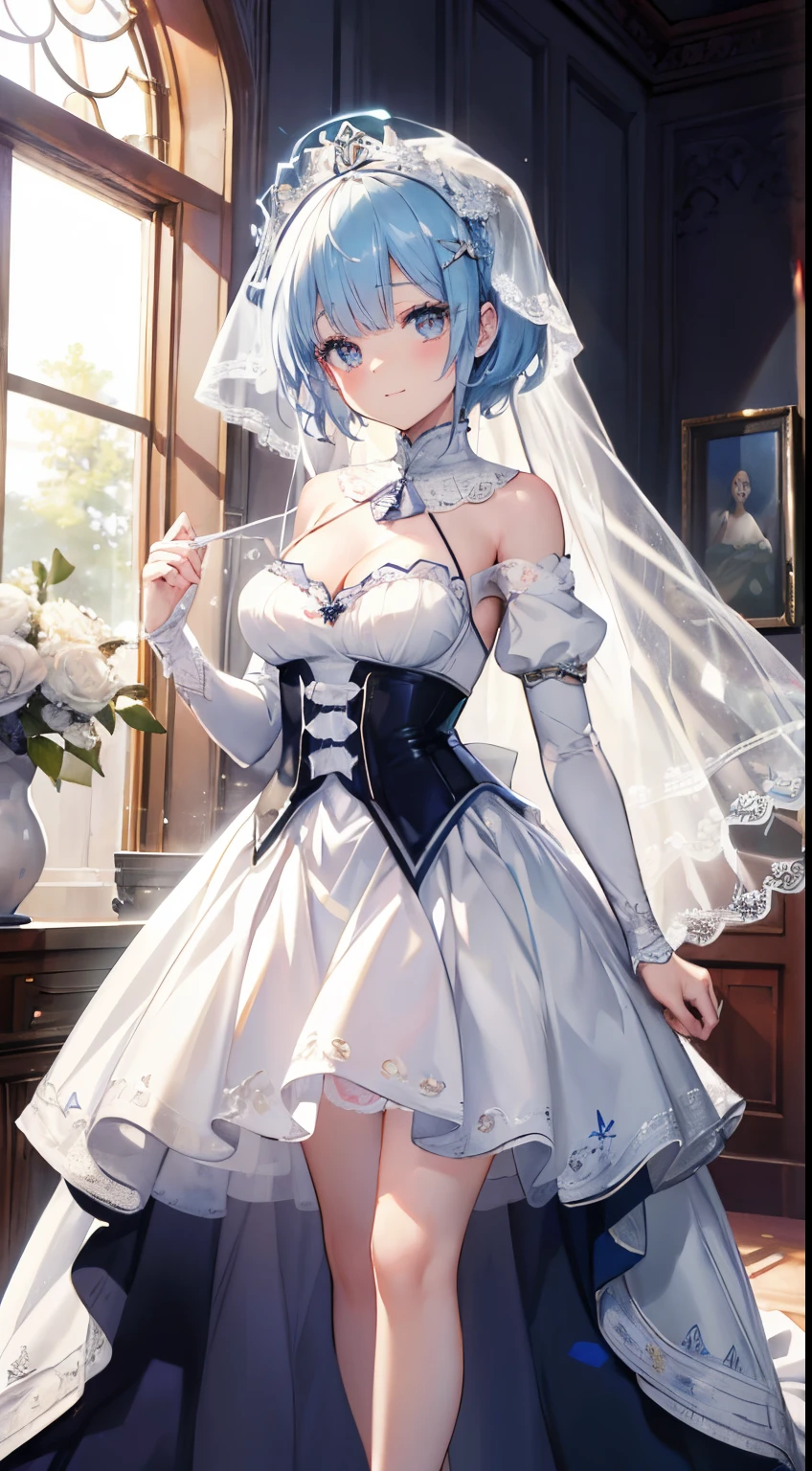 extra detailed face, Perfect Lighting, extremely details CG, 4K、8K、be shy、mournful smile、(Perfect hands, Perfect Anatomy)、Ultra-realistic photo of a girl in a beautiful white wedding dress, Big beautiful dress,all white wedding dress、Silk Veil、White dress with frills(Best Quality, masutepiece, art stations, Fantasy Art:1.2),chies,chapel、Beautiful stained glass、beautiful white bouquet、Beautiful cute girl, Rem of Rezero、Height 150cm、(Blue shorthair:1.3), Bangs hide one eye、Tears of joy、(intricate short white skirt, Bare legs:1.2, Full body shot)、very Bigger breasts、cleavage of the breast、Nipples show through、、No pubic hair(Clearly visible detailed female pubic shape: 1.4)、skirt rift、Thin leg、Skinny Legs、very very short skirt、low angles、Peeking out the skirt from below、Opera Globe