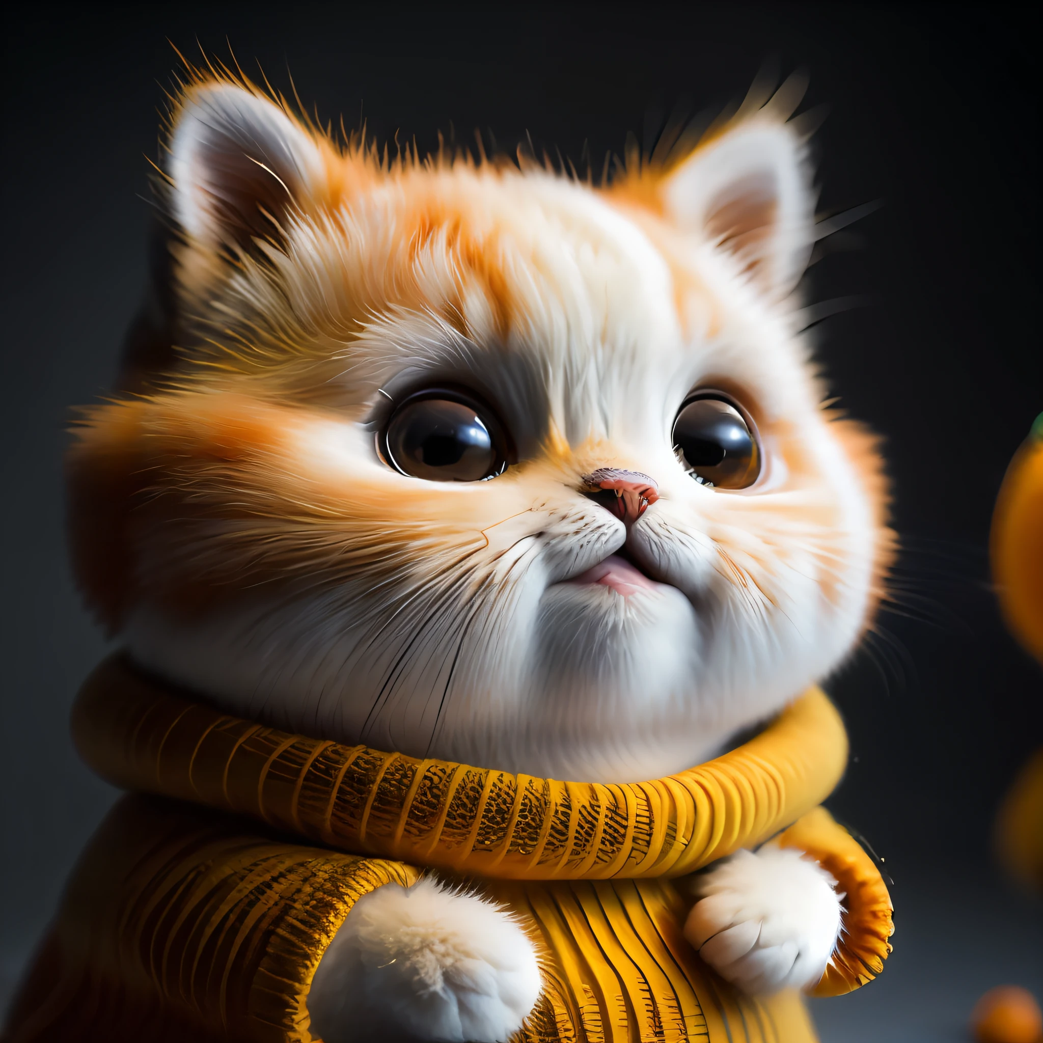 cat, orange, fat, garfield, no_humans, depth of field, disney style, DARK_Glam, wearing DRK_Glam, deep shadow, (dark: 1.4), (8k, RAW photo, best quality, masterpiece: 1.2), big expression happy with mouth