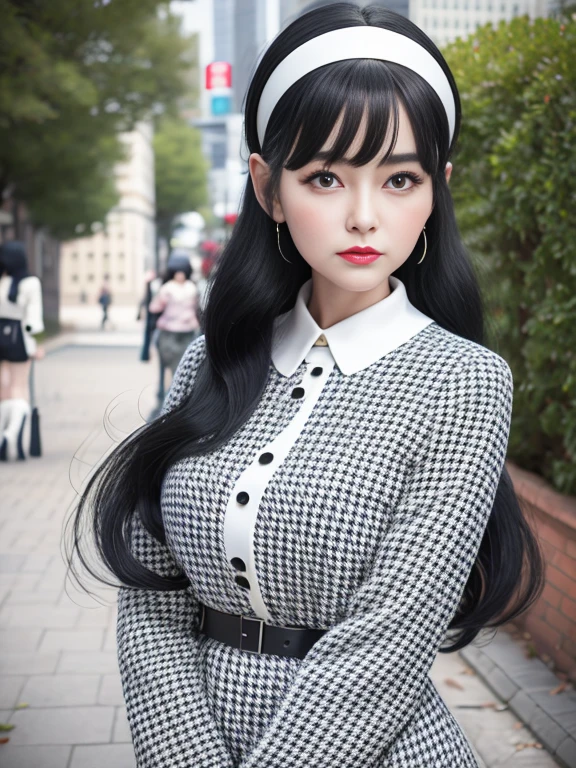 Ultra-realistic 8K CG, Picture-perfect face, "20An old woman、with black hair60's retro hair style、white hairband、60era retro fashion、Houndstooth60eras suits、white boots、Standing