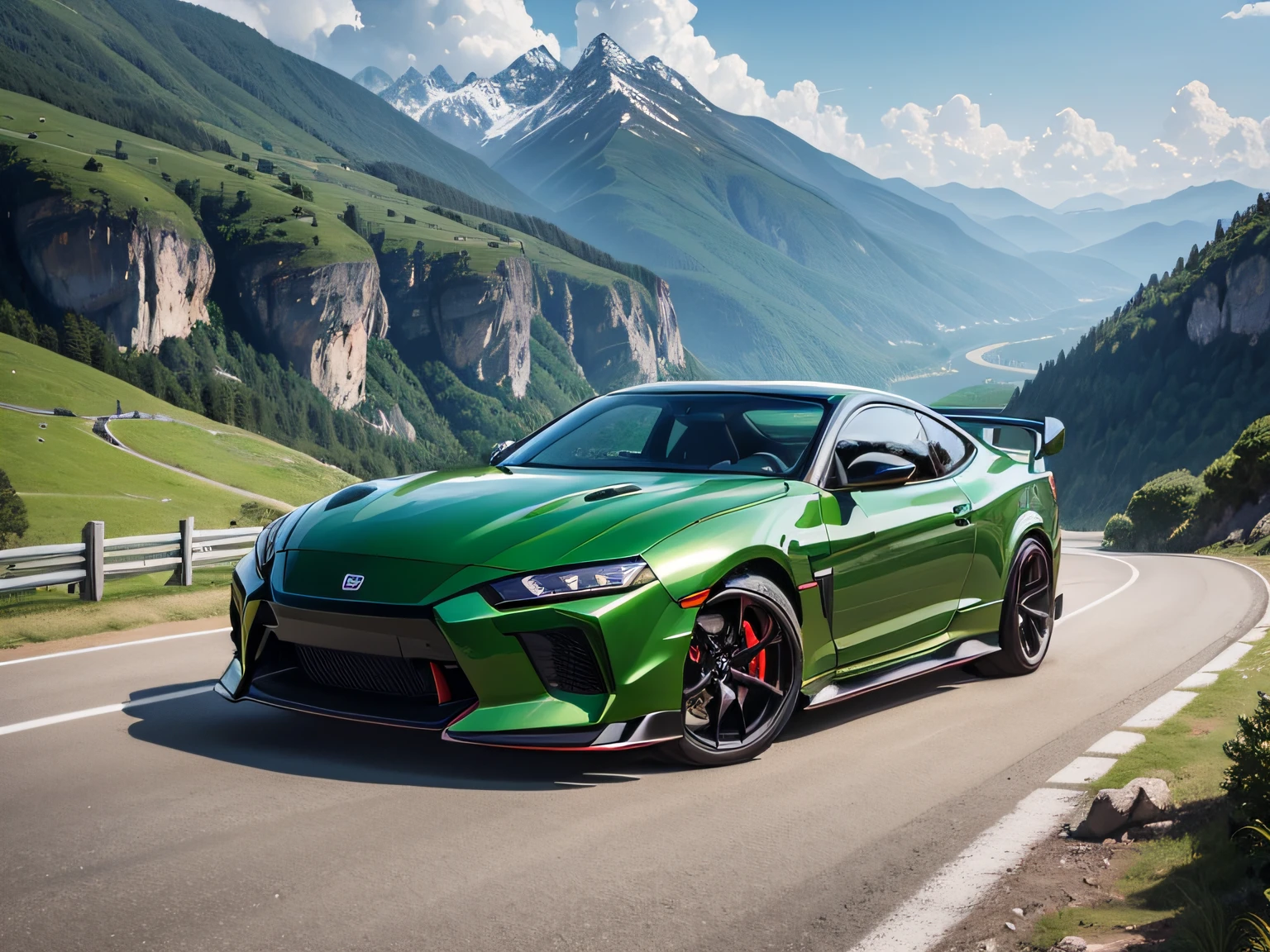 超A high resolution、An ultra-high picture quality、8K、Detailed details、marvelous expression、summer volleyball、beautiful fresh green、A bright red sports car is parked on a mountain road built along the mountain....、With beautiful women.....、Nissan Silvia 2000RS Sports Coupe